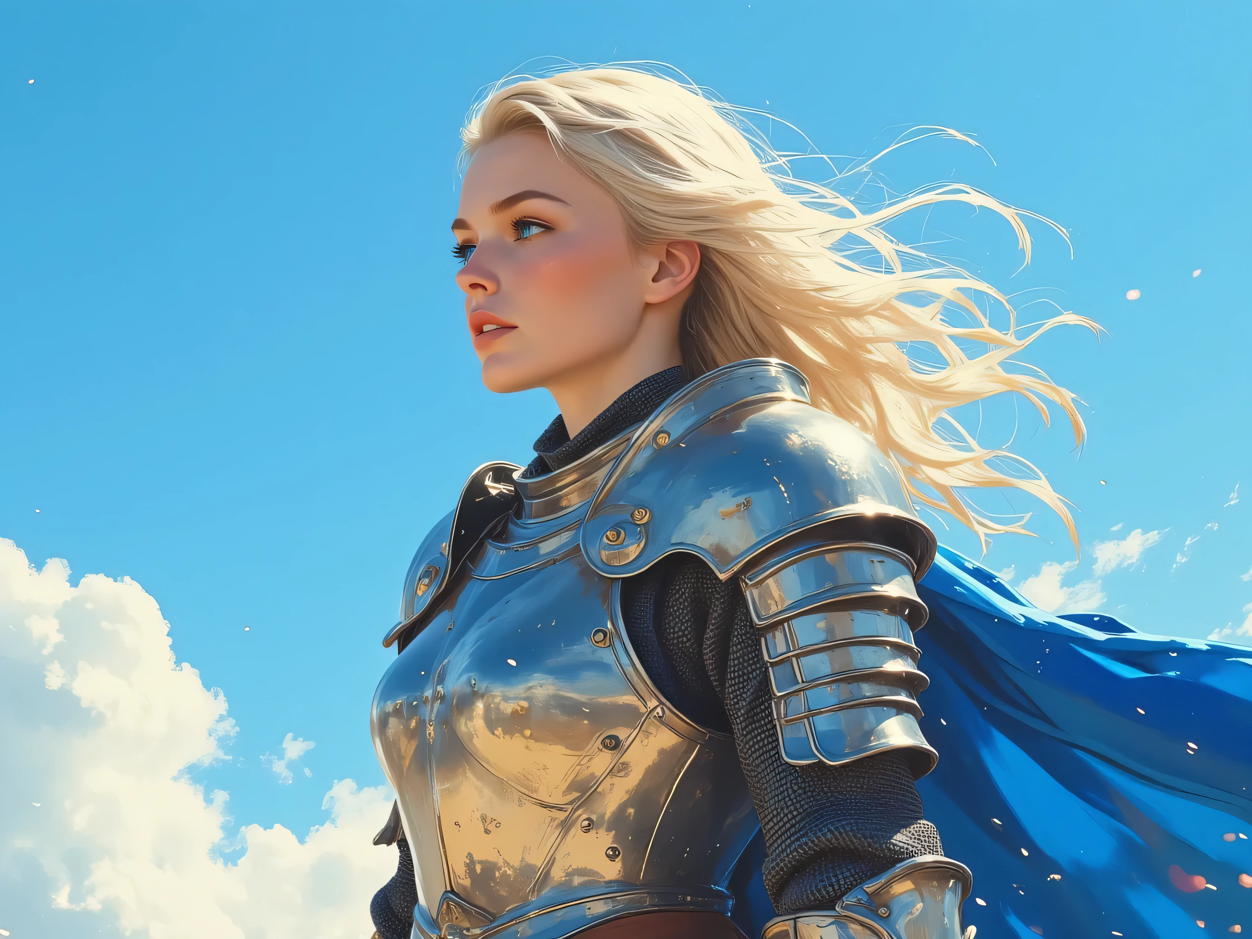 Female figure (age:1.1), (ethnicity:1.2), profile view, looking off to the side, wearing detailed plate armor (detailed clothing:1.2), gold accents, blue cape (detailed clothing:1.2), light blonde hair (detailed hair:1.2) flowing in the wind, pale skin (detailed skin texture:1.2), blue eyes, soft blush on cheeks, (expression:1.2), (facial features:1.3) , (body type:1.1), (pose:1.2), armor and cape reflecting sunlight, bright blue sky as background, clear, bright lighting, digital painting style, photorealistic, anime style, fantasy art, soft color palette, dynamic pose, composition, high detail, (accessories:1.1), natural light, focus on the character's face and armor, 8k resolution.