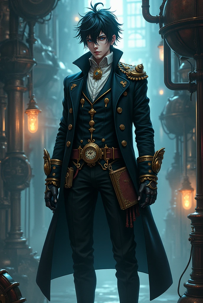 shadar-kai dressed as a male steampunk necromancer wizard in anime style