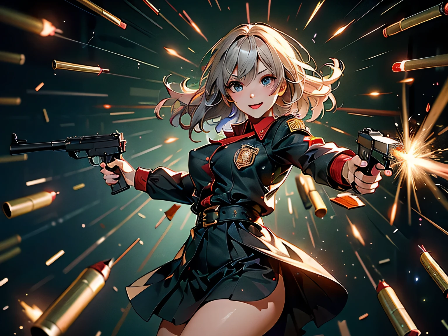 (bullet time evasion)、(((firing,bullet,gun,light particles))), Ultra-detailed、(top quality、8k、high resolution、 Masterpiece 1 .2)、 RAW photos 、realistic、angle from below、1 girl、 female student in uniform 、(Perfect Anatomy 1.5)、((beautiful eyes))、(beautiful and well-groomed face)、viewers、confident smile、 Hourglass Figure 、( super big boobs pointing upwards 1 .3)、(erectile nipples in the costume)、Big Broad Ass 、 Gunfight、Hold the handgun properly、you can see many tracks of enemy bullets、(the bullet punches through the skirt and breaks them to jibble)、(Evade bullets)、(crouch and tilt your upper body backwards)、 cinematic structure