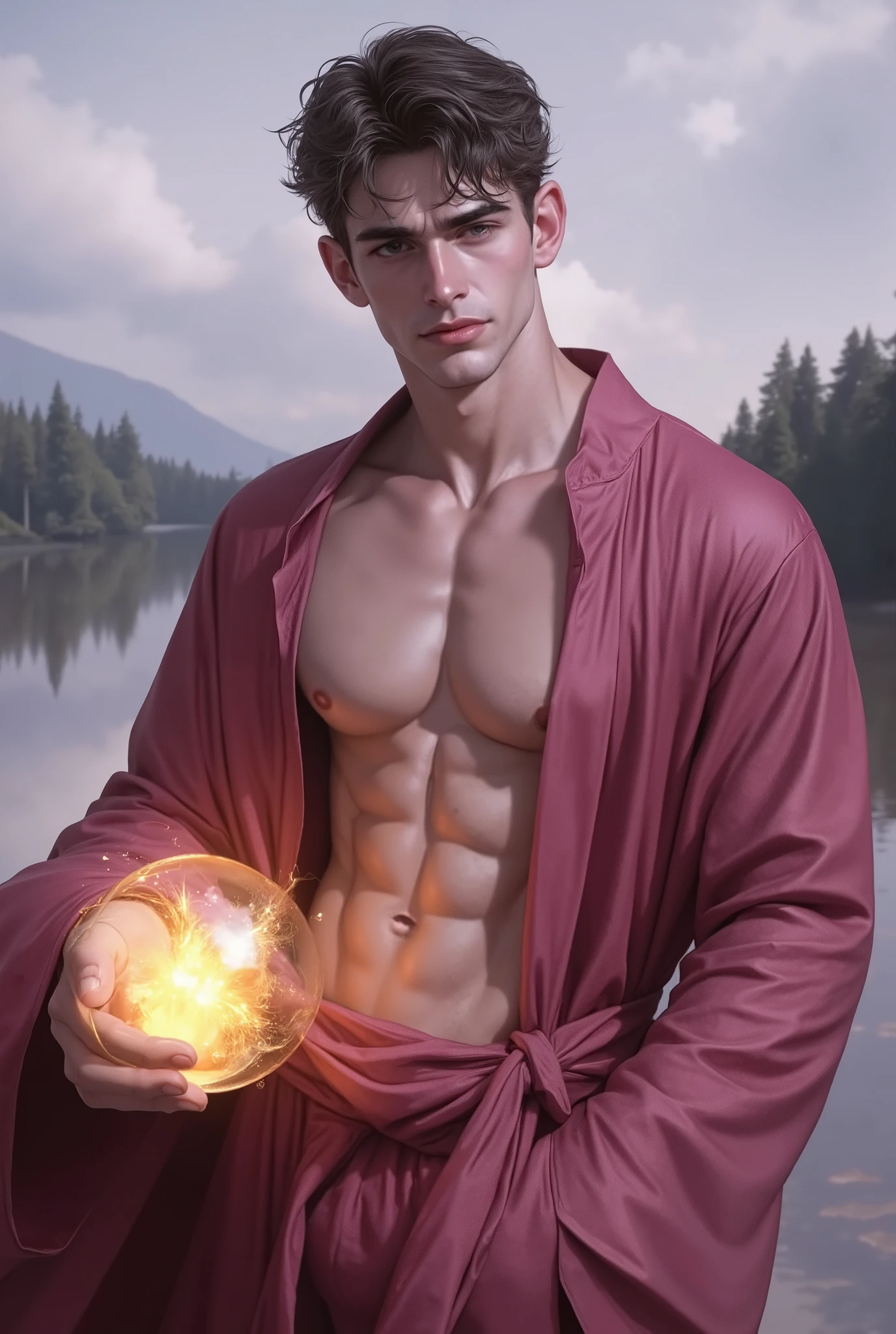 Young wizard man, Handsome, sexy in a rich pink outfit, tunic style that leaves your abdomen exposed, with a glemering golden energy sphere in his right hand , pronounced glutes, delicate appearance. lake background photo style