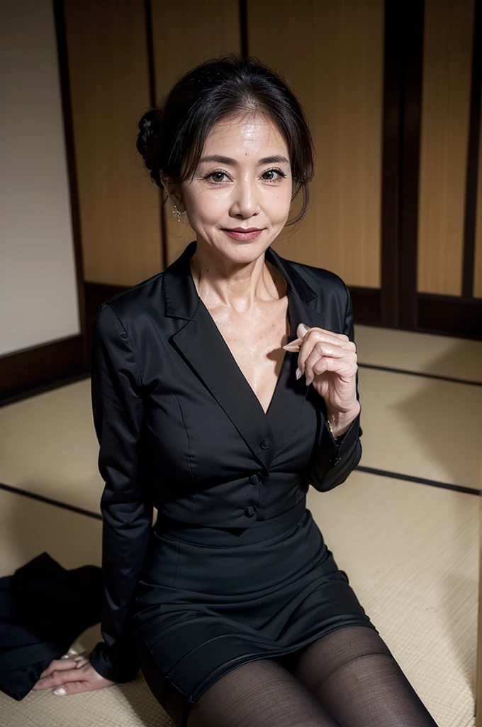 (masterpiece:1.4),(66-year-old woman:1.5),(Facial wrinkles : 1.2),(smirking : 1.1), (Updo : 1.1), (black suit), (black skirt), (black nylon tights : 1.1), Motherhood Mature Woman, (focus on legs : 1), on tatami, traditional japanese room, ashtray made of glass