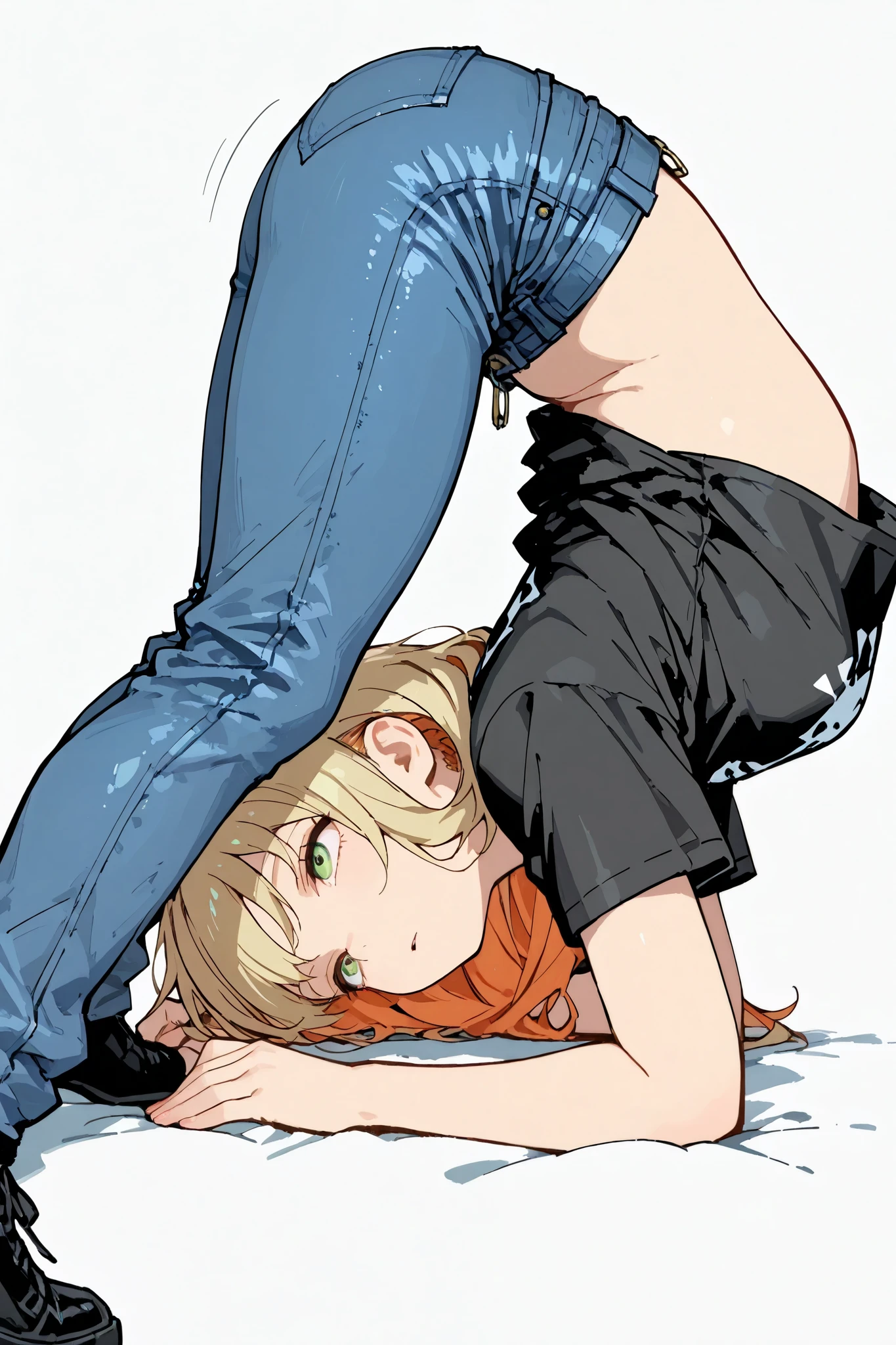 trk,1girl\(t-shirts,jeans,on all fours,top-down bottom-up,looking up\),side view,above her\(Multiple stone bullet comes flying sideways,from left to right, very fast, speed motion\),white background