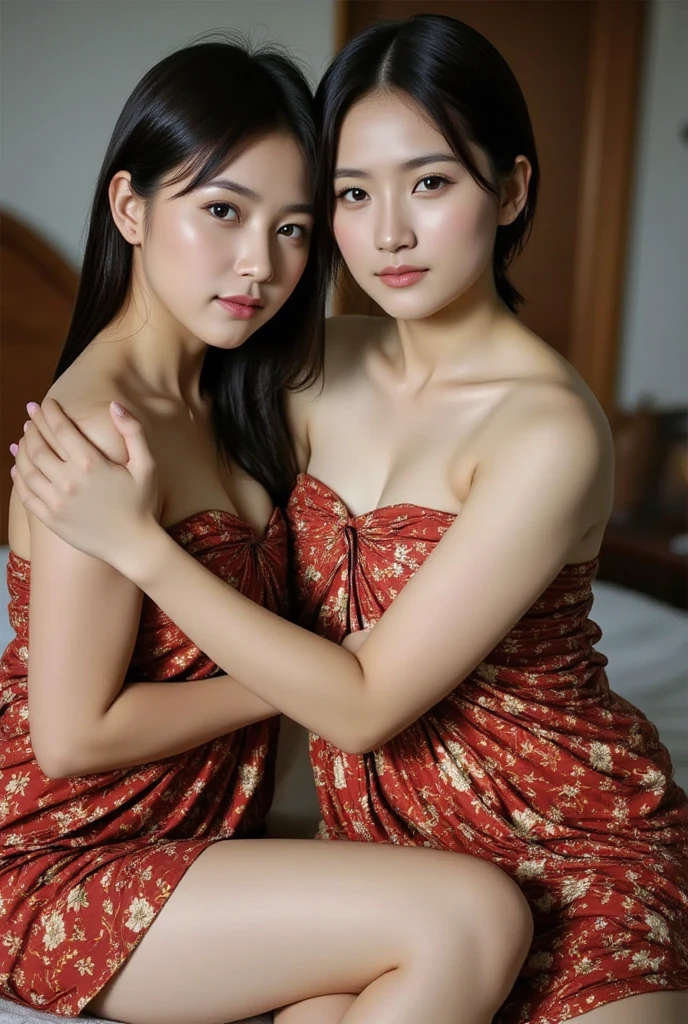very high quality、become familiar with、Two Japanese women with beautiful faces like actresses、18 ~ Random age up to 35 years old、A little plump、1 shorthair、One person with a ponytail、black hair、Completely naked、Bedroom、look at the camera、attractive appearance、light smile、half open mouth、expression of ecstasy、blush、touch each other'chest、fingers touch body、wet skin、wet hair