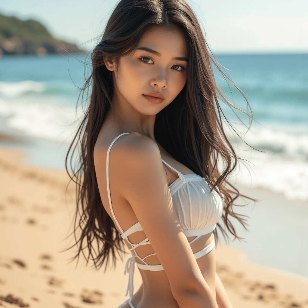 photorealism, photo, RAW, high quality, detailing, perspective, sexuality, inexpressible beauty, daylight, add_detail:1, party, fashion model orsi kocsis sits on the seashore, grey eyes, dark hair, palm trees,