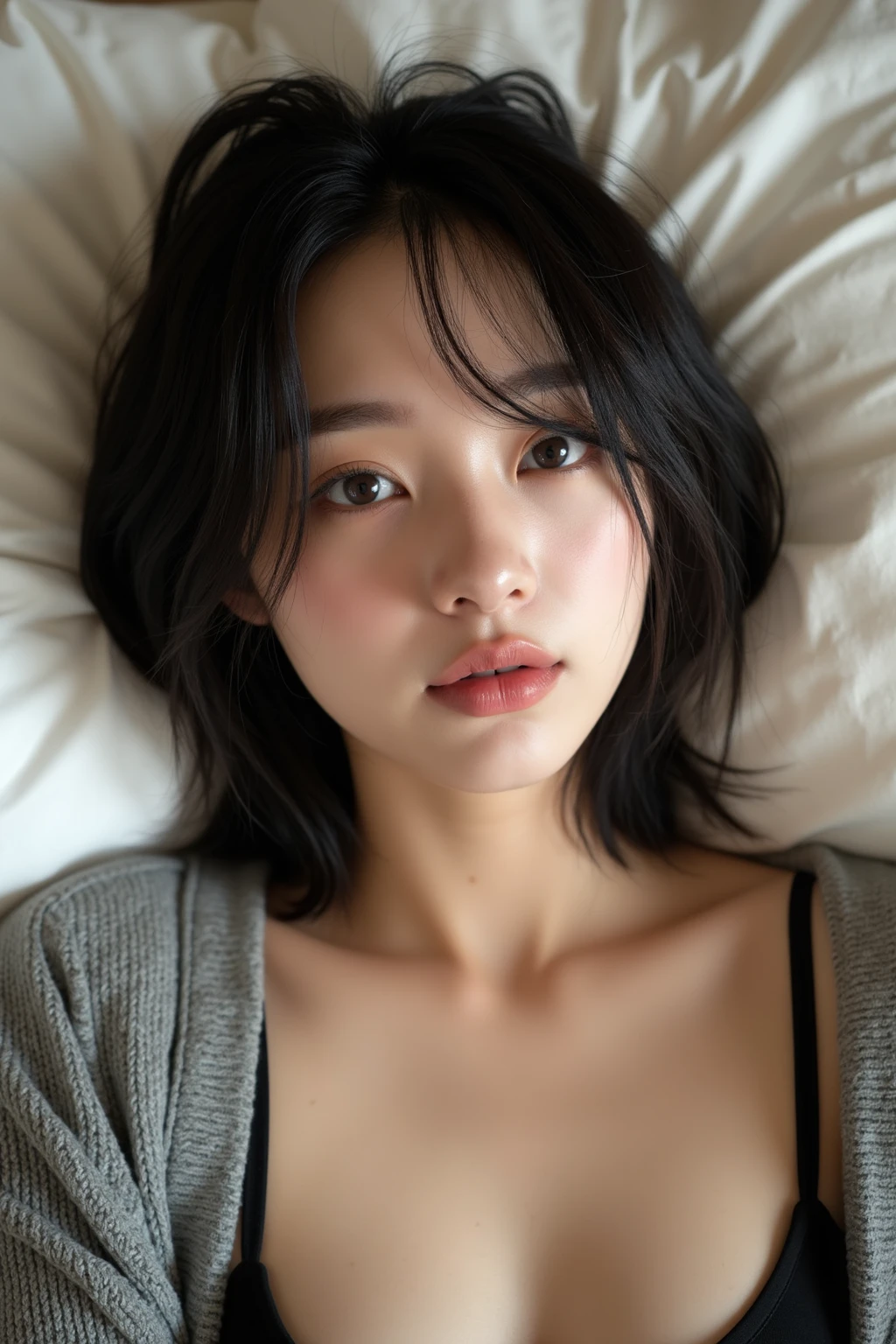 ((a slender girl lying back on a bed, she is 20 years old girl, tiny tits, flat chested, short hair)), (close eyes, open mouth 1:2), beautiful detailed lips, beautiful detailed eyes,ultra-detailed,highres,professional, soft lighting,(ultra realistic japanese girl),looking at viewer,(ultra realistic detailed hair),(moist and shining eyes), from above.
