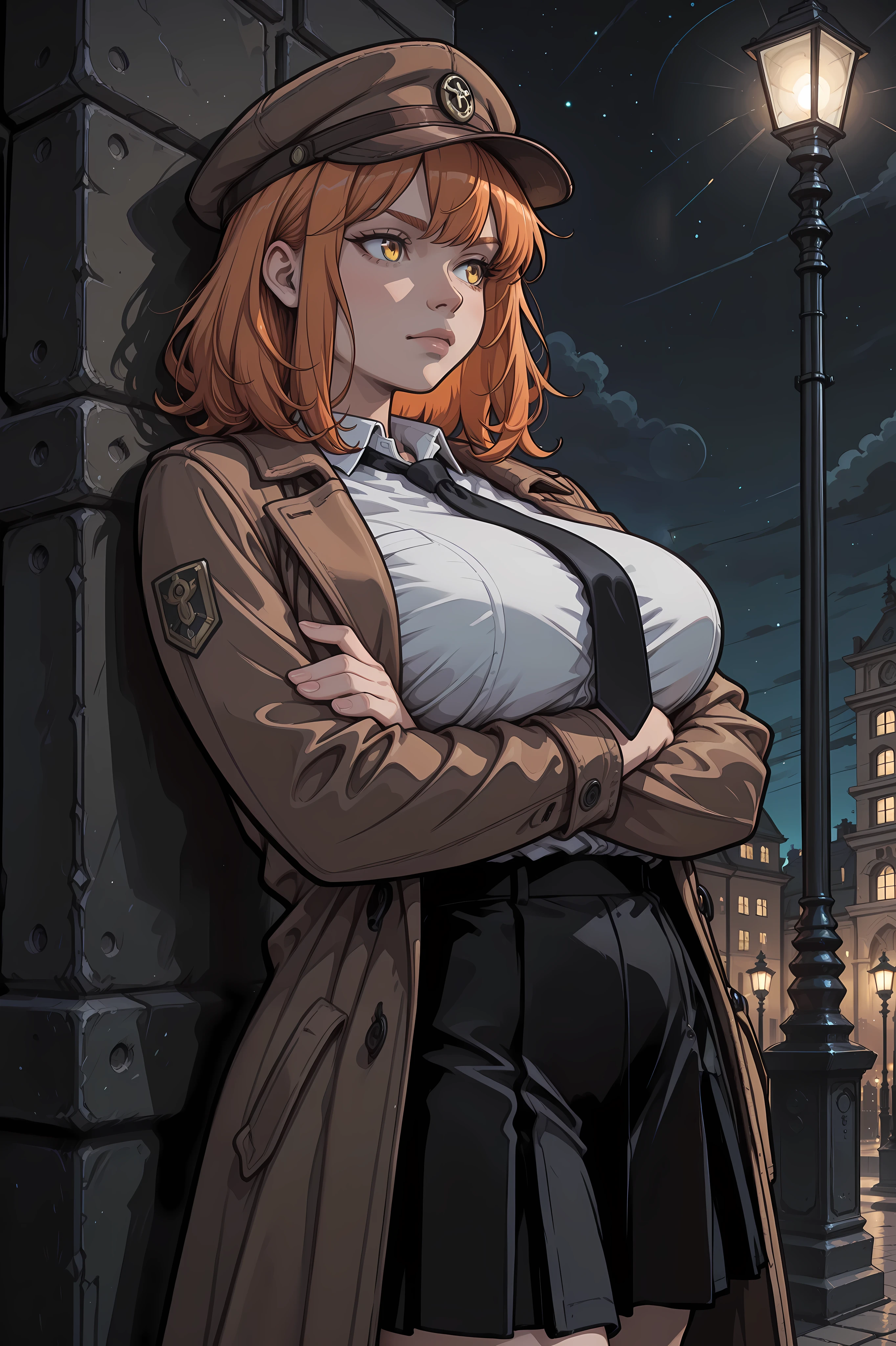 masterpiece, best quality, amazing quality, hyper-detailed, newest, very aesthetic, solo, 1girl, orange hair, medium hair, yellow eyes, white shirt, black necktie, large breasts, black skirt, brown coat, brown hat, crossed arms, leaning back, against wall, night sky, night, bokeh, lamppost, spot light, dim lighting, absurdres