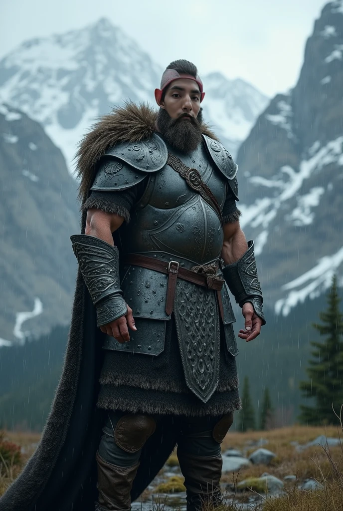Obese Viking warrior , big and bald , with a large black mustache and no beard ,and a light beige armor with leather and bear skin trimmings 