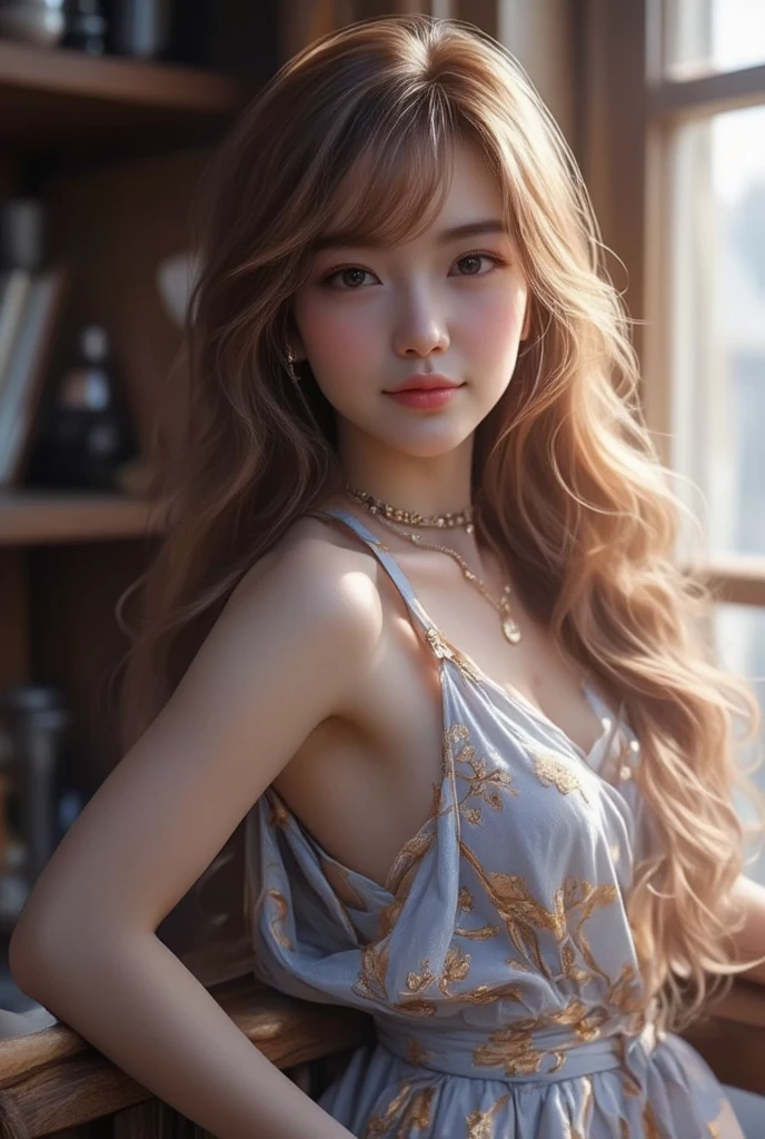 (Beautiful Woman Photo) (Mastepiece:1.3)Beautiful Japanese girl,((Smile)),Beautiful face,(Lifelike face),Beautiful delicate eyes,((see through blue dress)),Realistic eyes,medium bust,Beautiful skin,Realistic skin texture(Real Skin)Radiant Skin,Professional Lighting,((light blond hair, glossy, straight)),((Short bangs, long straight hair, long light-blond hair)),Blue dress,Mid-chest,High resolution,Sharp Focus,Ultra high definition eyes,