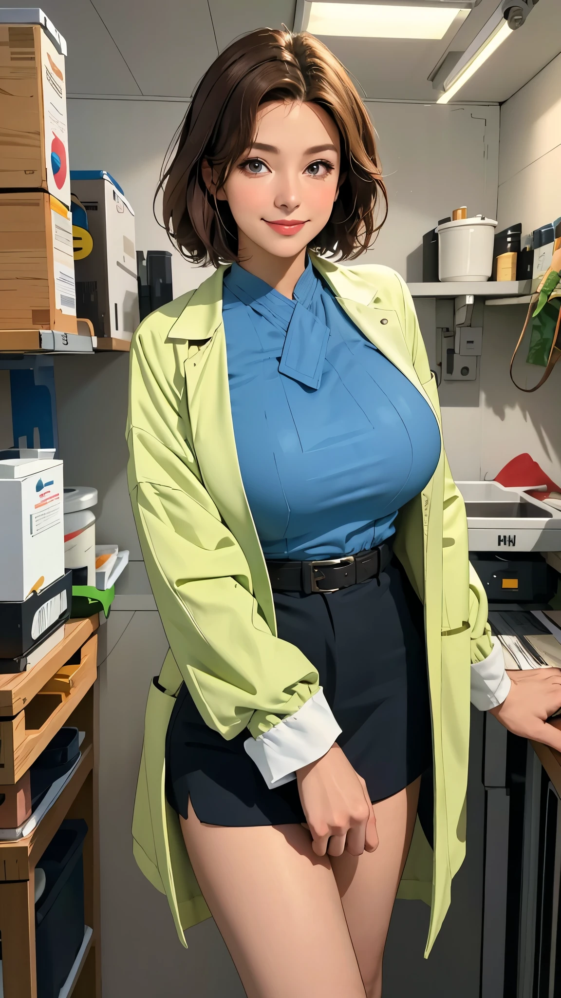 best quality, glossy, 4k, ((artwork)), extremely detailed, 8k, mature woman, milf, short brown hair, doctor's jacket, surgical gloves, no background, large breasts, full lips, smile, standing, beautiful eyes