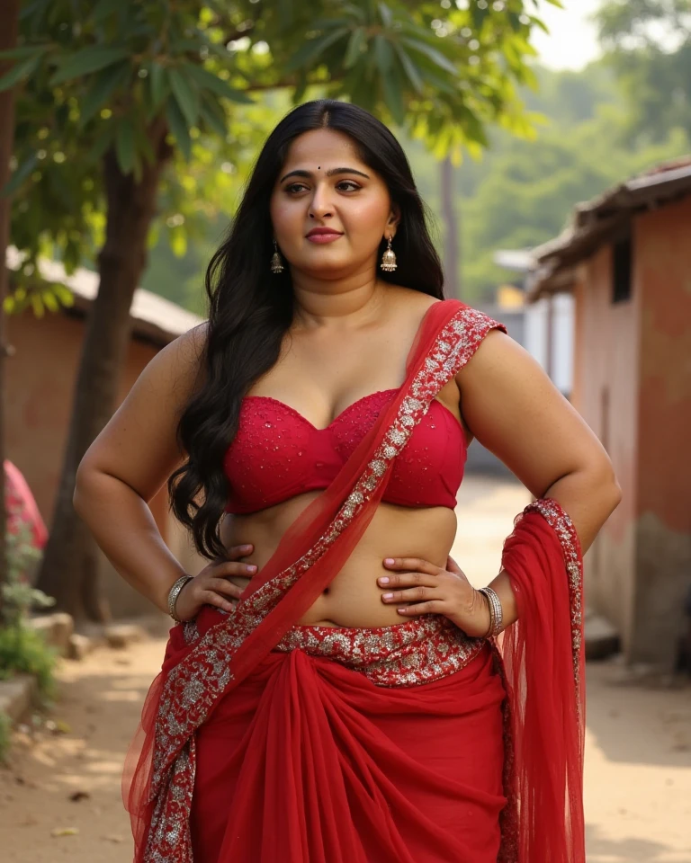 Sabitri Chatterjee bengali actress beautiful actress sexy curvy plus size model woman in a different red green black yellow color Fit and flare Dress in village house, manga mala necklace ornament in necklace for wedding, Head Jewelry for wedding, busty, , mid body shot, she has a sexy belly, thick body, village area background.