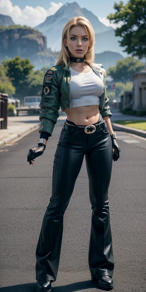 8k, masterpiece, best quality, ultra-detailed, sonyablade, 1girl, solo, long hair, blonde hair, cute blue eyes, breasts, choker, crop top, cropped green jacket, black fingerless gloves, full body, highleg panties, jacket, combat boots, lipstick, makeup, (abs:0.3), midriff, navel, black pants(Wide flares on pants:1.2),
