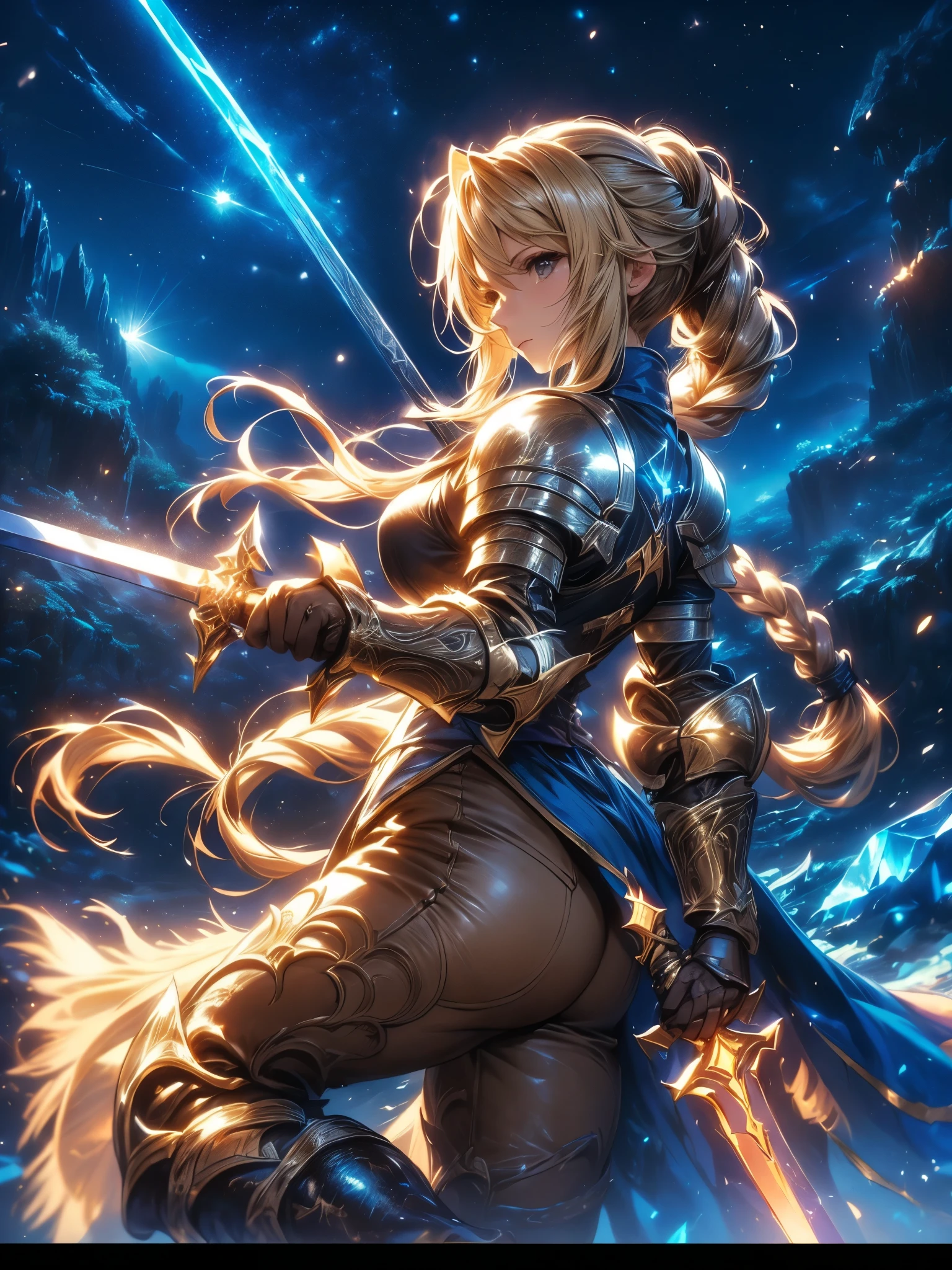 (Agrias Oaks\(Final Fantasy Tactics\) , score_9 , score_8_Excellent , score_7_Excellent , 32K ， detailed description 、 A Girl Holding a Sword Destroys ,  Luxurious Sword , blond hair , braided ponytail , brown eyes , shoulder armor , armor , corset , (brown  pants:1 . 3) , Knee pads , blue dress , brown gloves ,  pants ,  Cross Race Boots  , Big Breasts , Dynamic pose seen from behind her , combat posture , dynamic angle , (\(Become , European Sword , ,  glows blue\):1 . 4)\) , (Holding a straight sword , a blue aura shining from her whole body) , Picture of a Female Paladin , Destruction of animated fantasy art , background\  long hit  , dynamic angle , There's a giant crystal on the ground , 青い月と星のbackground , night sky , (alone：1 . 6 )(top quality)) , (ultra high definition) , (Super Detail)