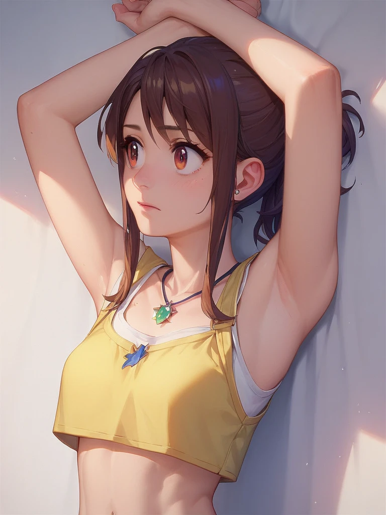 a sun ayuuki, a sun a yuuki, Long Hair, Brown Hair, (Brown eyes:1.8), ponytail,Sweat,濡れて透けたTank top,Tank top,Belly button,happy smile, smile, Open your mouth,Shorts,barefoot,Sitting on the sofa,Holding an ice cream in one hand,noon,Clear skies,
Break indoors,room,
壊す looking at viewer,Systemic
break (masterpiece:1.2), Highest quality, High resolution, unity 8k wallpaper, (shape:0.8), (Fine and beautiful eyes:1.6), Highly detailed face, Perfect lighting, Highly detailed CG, (Perfect hands, Perfect Anatomy),