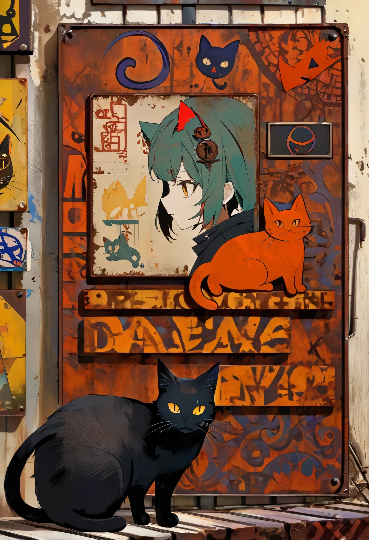 simple decorative rusty metal sign with a drawing of a satanic cat, dark, artwork inspired by Dave McKean, vivid colors, intricate details, oil painting.