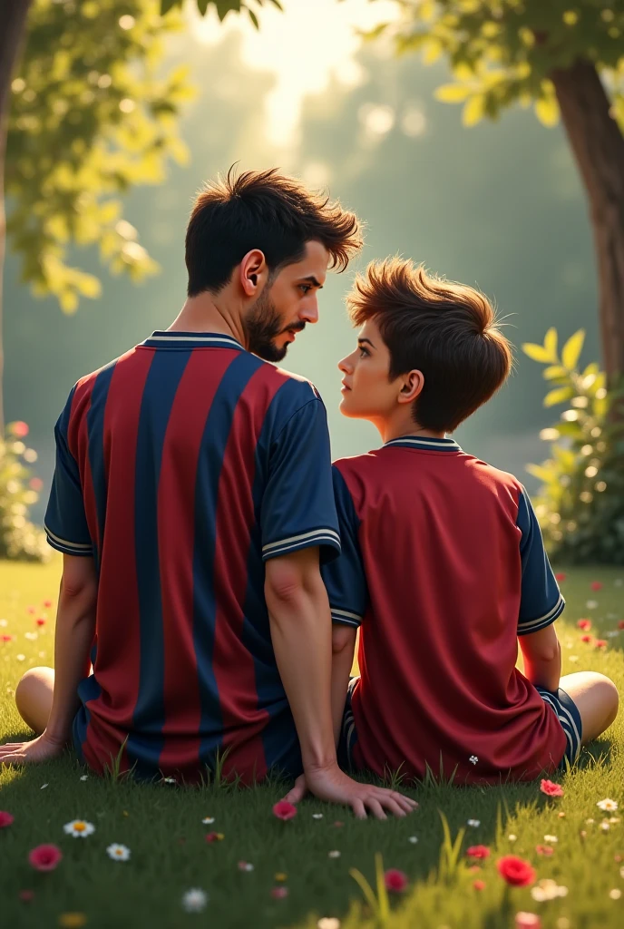 Bearded athlete in football jacket kissing gay boy at school 80s sunset