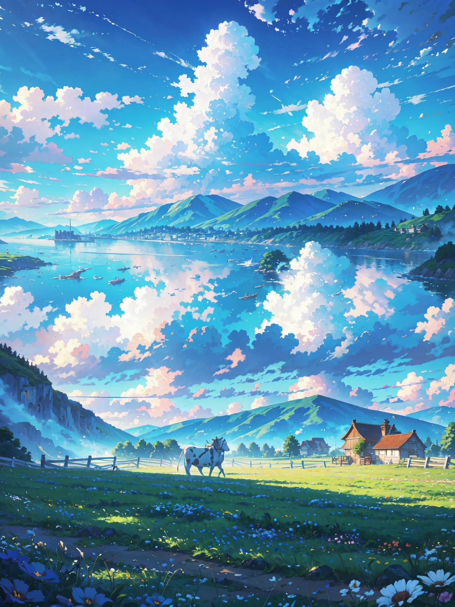Dancing in the blue sky(Leviathan:1.1),vision,Calm day, Detailed Clouds , Field, Grazing Cows , flower, Far Away Homes , fence, wood, is nice