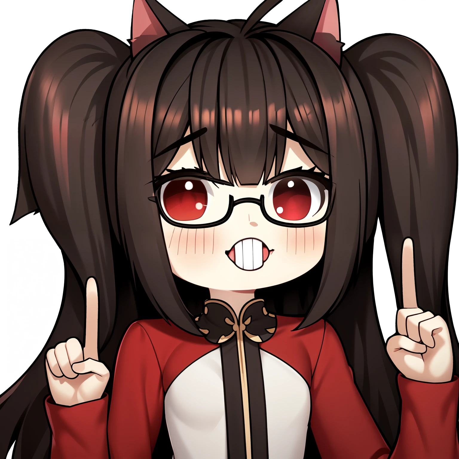 junkotvv cat ears, red eyes, long hair, black hair, (Ahoge), straight bangs,, chibi,glasses,index finger raised,upper teeth,white background,   