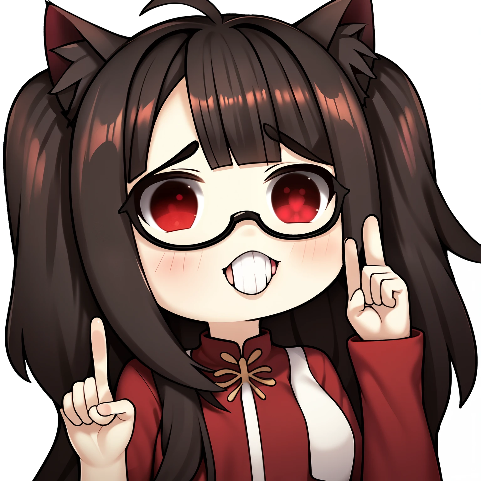 junkotvv cat ears, red eyes, long hair, black hair, (Ahoge), straight bangs,, chibi,glasses,index finger raised,upper teeth,white background,