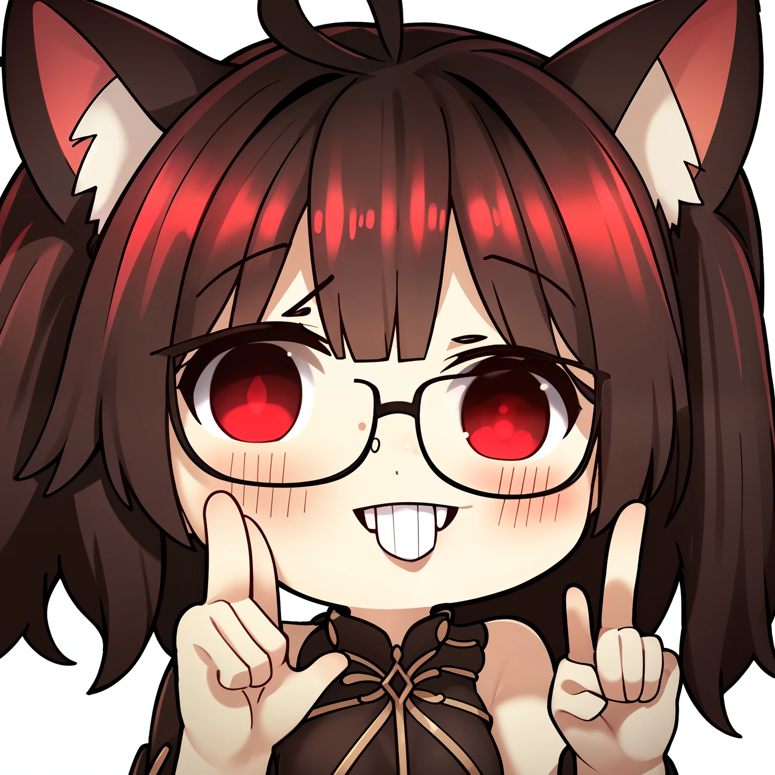 junkotvv cat ears, red eyes, long hair, black hair, (Ahoge), straight bangs,, chibi,glasses,index finger raised,upper teeth,white background,   