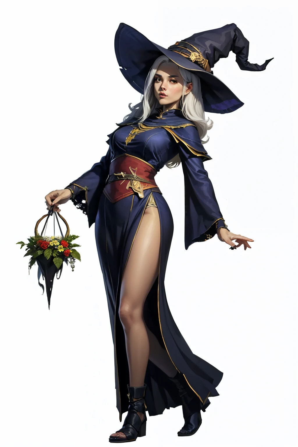 (full body image, forbidden to cut or not show from head to toe, PNG format  , transparent background, white background, medieval theme, rpg) &&&&& (High quality, masterpiece) &&&&&  role-playing character, Eu quero um personagem com um white background, png, A witch, sexy, black clothes,  witch hat and distracted posture ,  long white hair and slender body , very beautiful and attractive, But barely .  whole body,  don't crop image, Gostooooosa , curvy.