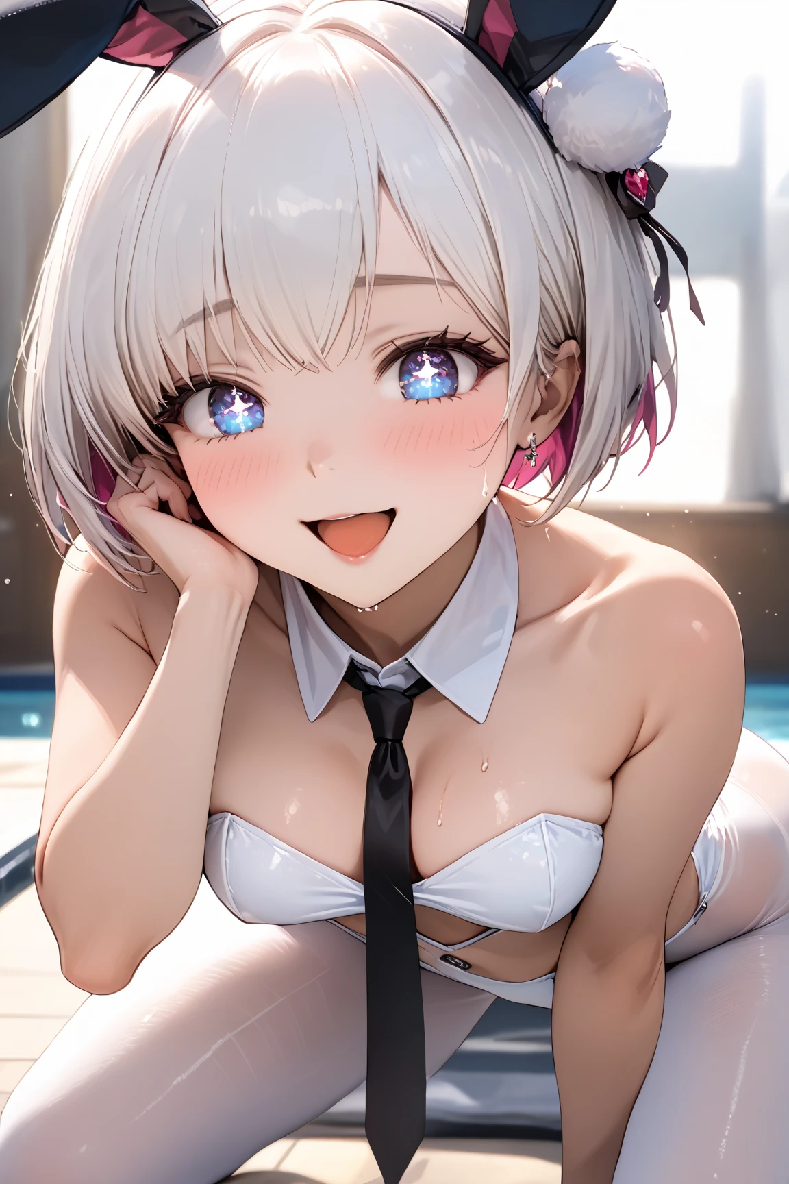 (masterpiece:1.5)、very detailed face and eyes、(Photorealsitic:1.2)、 ultra-quality、ultra-detailliert、Perfect drawing、animesque、charming anime girls,、beautiful alluring anime woman、Smooth Anime CG Art、独奏、1girl in、裸の女子、Front view angle、((middlebreasts:2.0))、(((a playboy bunny)))、Extremely small area、bare-legged、(No bra)、(short-hair)、Moisturized eyes、red blush、clearface、The shape of the pubic area is clearly visible、((Clearly visible areola))、((Sweat))、slender、((urination from the reproductive organs,))、お漏らし、urine leaks、Look at viewers、perfect foot、((Slouched))、Urban cityscape、Luminias、Poses to show off、Accurate drawing、meticulous drawing、Beautiful background、Motion blur effect