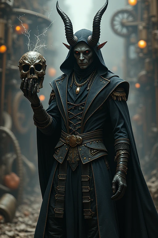 Romania as a european vampire lord League of Legend creature in navy blue, yellow and carmine colors. Intricated clothing. Cinematic Fantasy sci-fi landscape background
