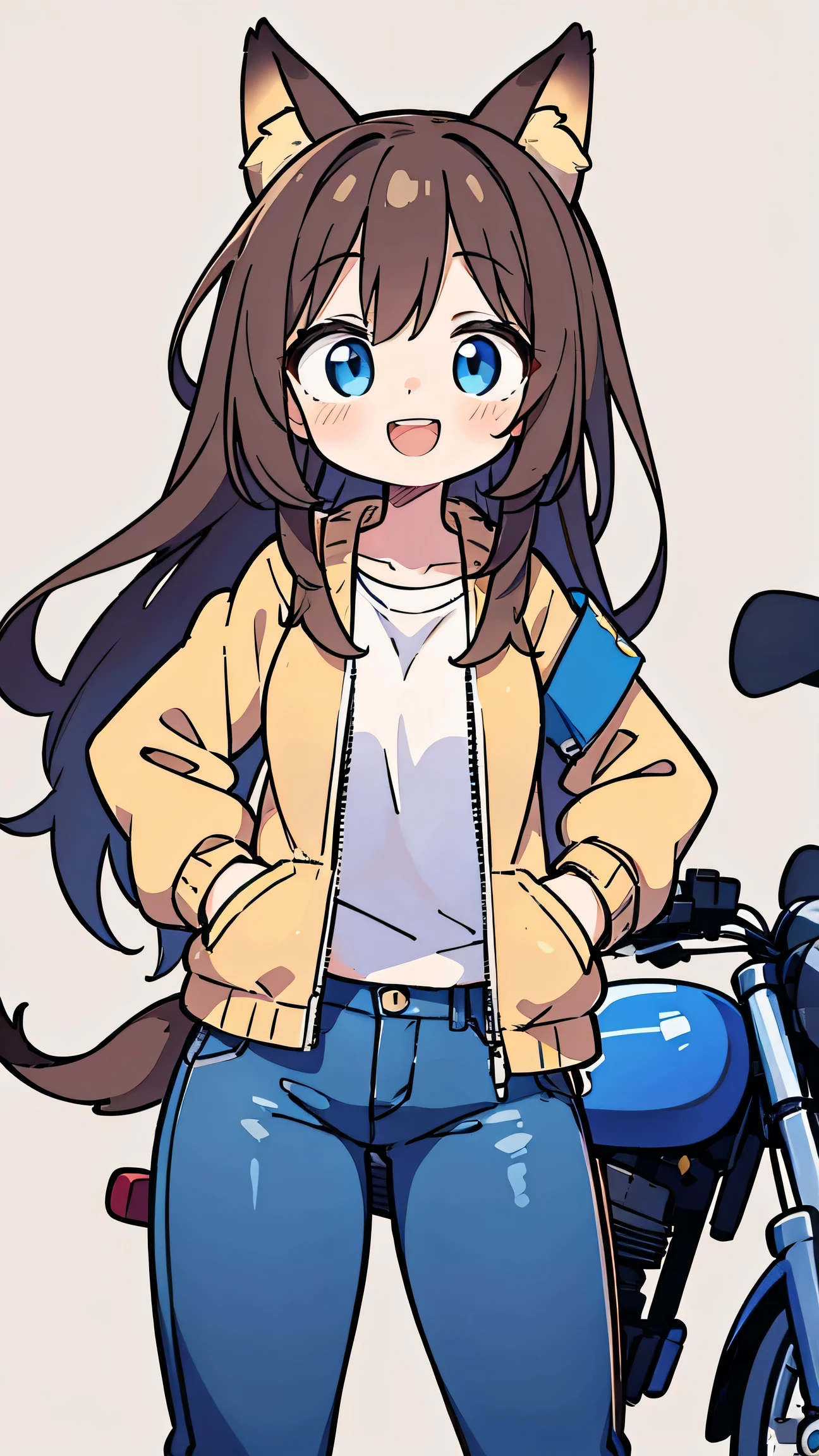 anime style、 cute face、 woman、 fox ears、brown hair、tail、 blue eyes、 long hair、 beige jacket 、jeans、simple background、I'm riding a blue motorcycle、smile、 double teeth