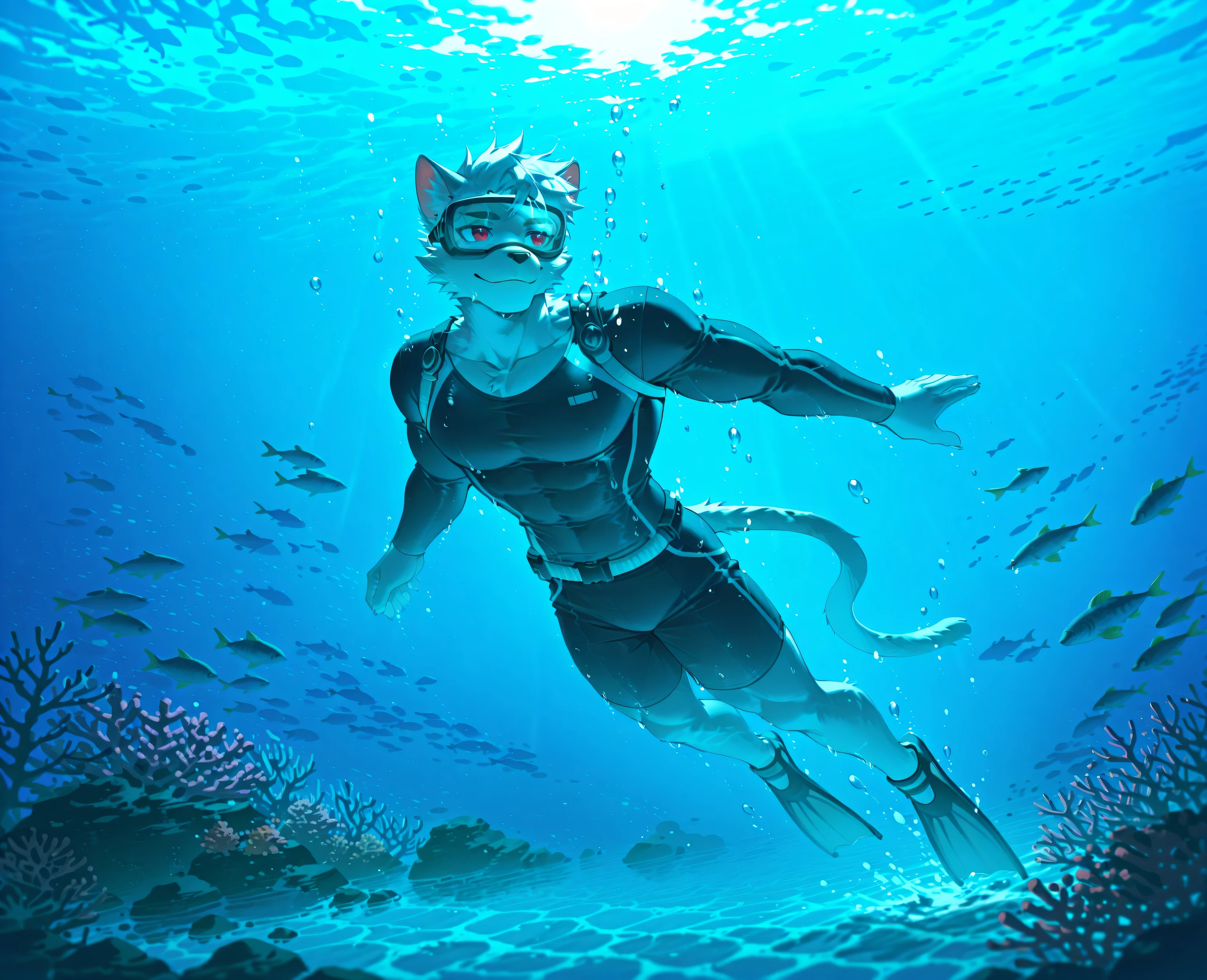 sfw,masterpiece,UHD,solo,highres,best quality,anatomically correct,furry male,( cat),collarbone,(white fur:1.5,white hair),short hair,black eyebrow,snout,(detailed eyes,red eyes,detailed pupils,beautiful eyes),snout,animal ears,cat ears,absurdres,shapely,handsome,cat tail,cowboy_shot,(musclar:0.7),(diving suit,diving mask,tight shirt,tight shorts,flippers,),(5 fingers:1.1),(peaceful face,light smile),swimming,underwater diving,in sea,(under water,deep sea,moonlight_through_the_sea,shoal of fish,seabed,coral,sea-plant),ray tracing,looking_back,from_side:1.3,(bright light:1.2),bokeh,detailed background,Tyndall effect,under water,((water drops)),((beautiful detailed water)),dynamic angle,break,(wolftapioca:0.3,chung0u0,uiokv:0.5,(lindong:0.8),(by null-ghost:0.8),huashijw,(asteroid_ill:0.8),(smile \(qd4nsvik\):0.9)),cg,highres,sfw