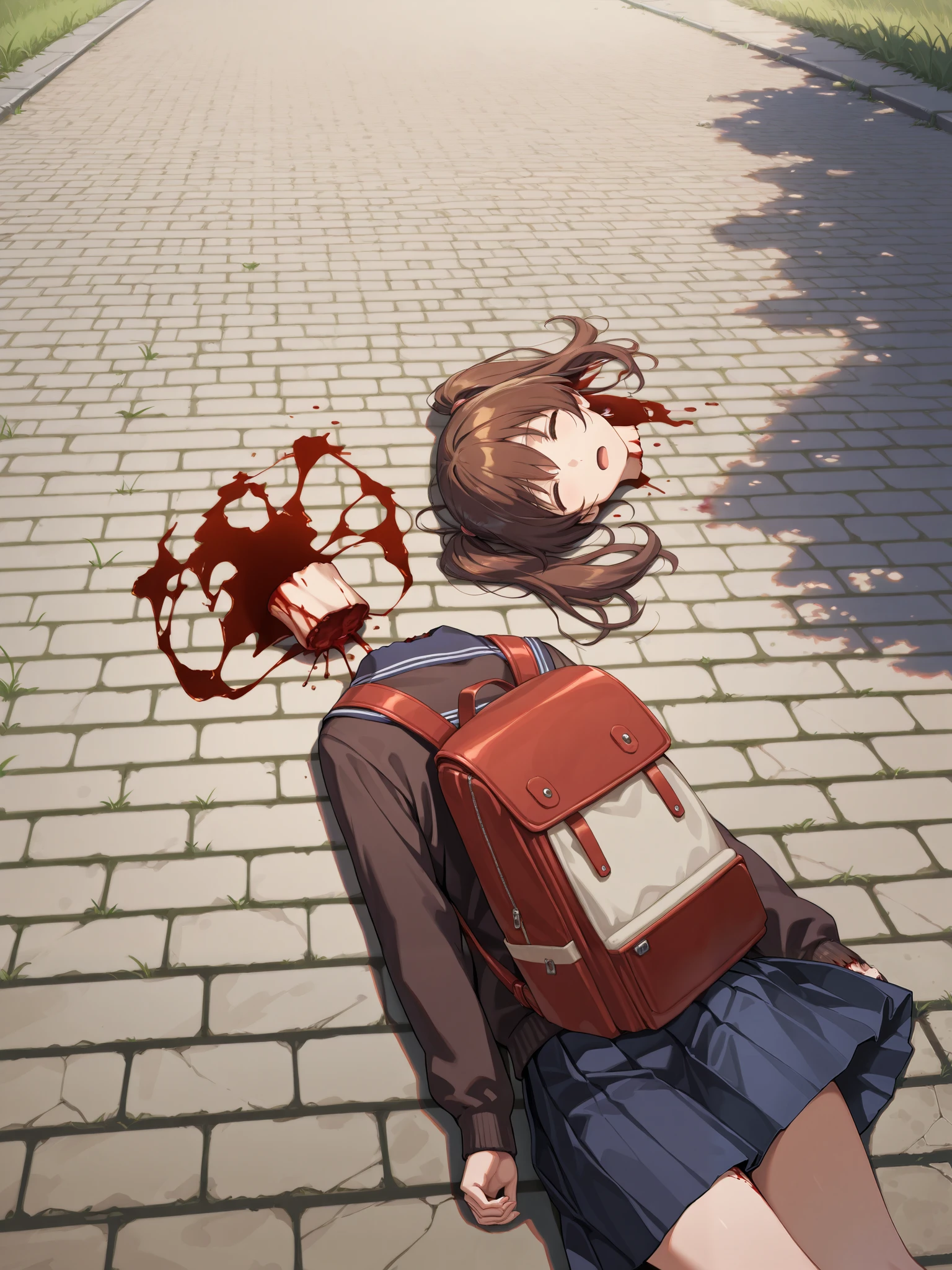 Masterpiece, hd, 2d, anime, brown hair, opened mouth, twintail, gore, (gore:1.3), blood, (blood:1.2), a much of bloods, missing heads, broken heads, no heads, severed heads, , dead body, wearing school uniform, backpack , outdoor, lying, lying on ground, grass