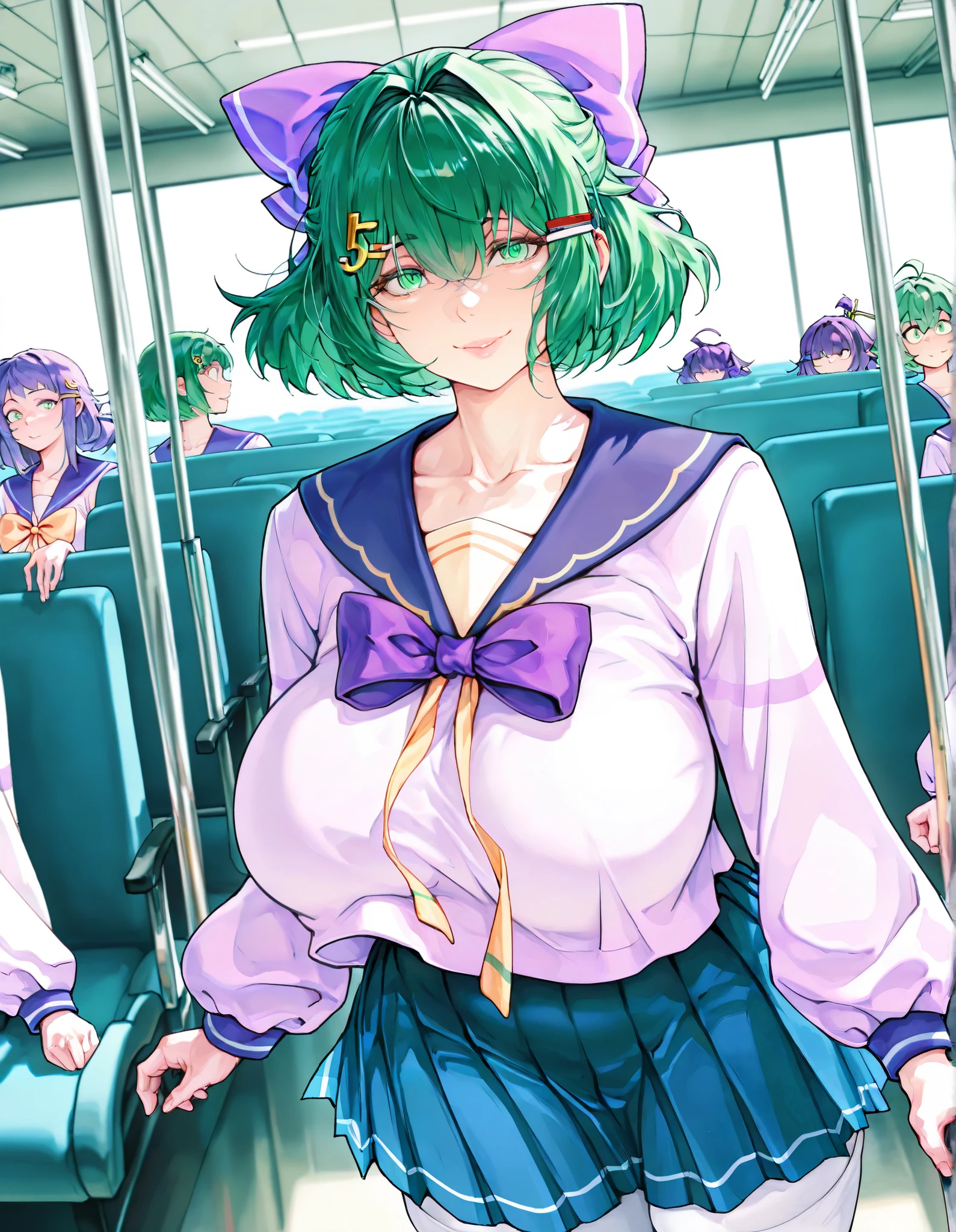 Score_9, Score_8_up, Score_7_up, (Best Quality), (super detailed), ( masterpiece, Best Quality:1.3), 1 woman with an umbrella, aldult, masterpiece, Best Quality, there is nothing there, HD, Details 1girl,Japanese cartoon, 成Mature Woman性, interior, Smile, age 30 - 40 ,Curvy Beauty, plump,Gentle, Big Breasts, Rift, prominent lips , Mature face,Mature Woman, Mother, ,green short hair, green eyes, purple bow headdress, Hairpin, purple and sailor collar, sailor uniform, blue pleated skirt, white stockings, Girl with green hair accessory, Ahog / scattered hair, M fringe / M shaped bangs green short hair, green eyes, purple bow hair accessory, Hairpin. Hair bow voluptuous, voluptuous female, watching the audience, high resolution, 8,000, 4K, high detail, Detailed bangs, Thick hair , high detail face, high detail eyes, delicate lips , dynamic lens, dynamic angle, Small nose, Eiga