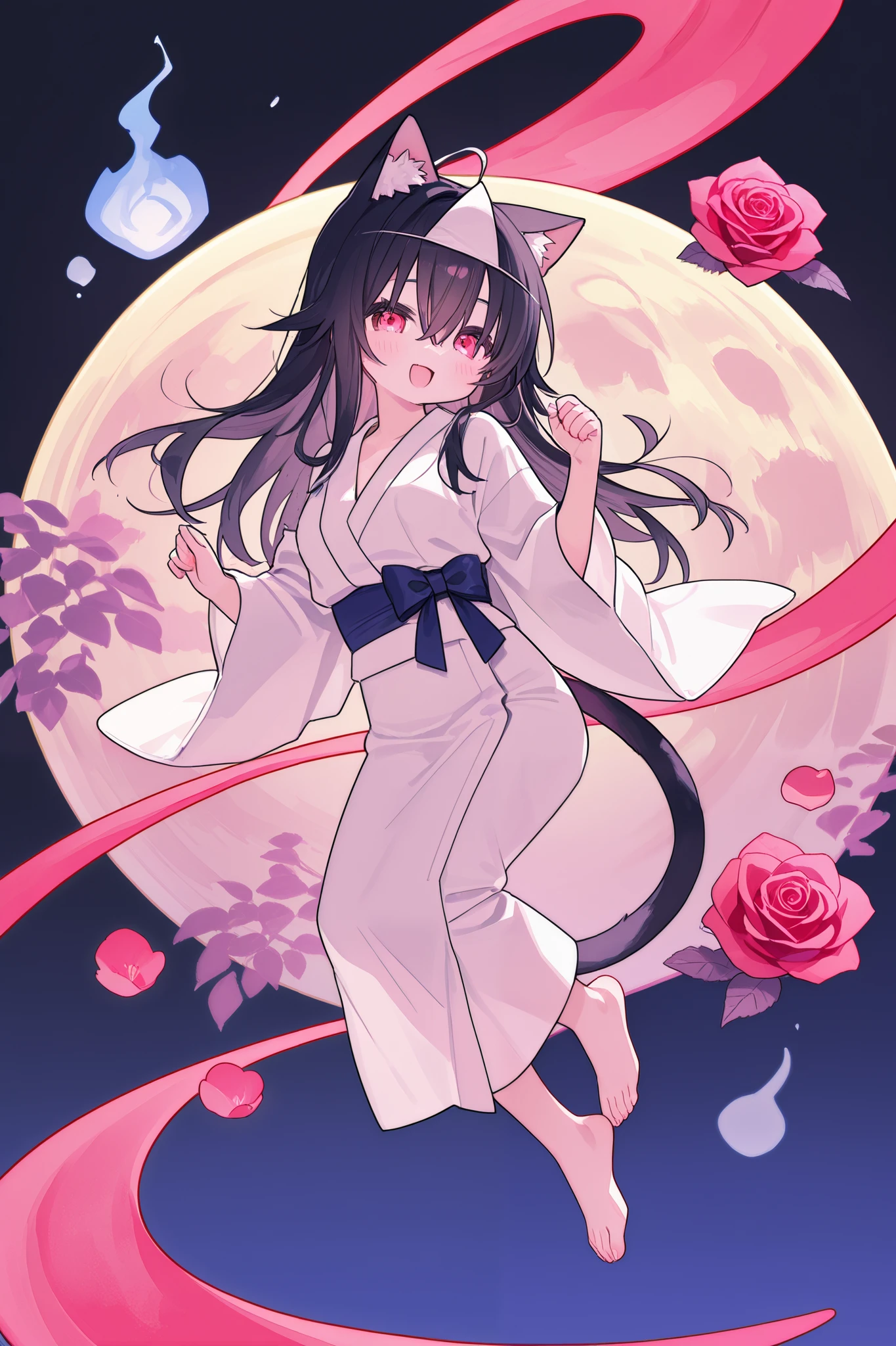 High detail and high drawing volume、eyes drawn in super detail、high image quality during sick leave、high quality、anime、illustration for both eyes、digital art、ghost、 Triangle Headpiece、long hair、rose twin tail、blue gradation at the tips of the hair、reddish black hair、Cat ears、Young face、Petite、No nose、eyes shining red and pink、 mischievous eyes 、 white yukata、bare feet、smile and open your mouth wide and vertical、full body、Body floats、and souls float around、
