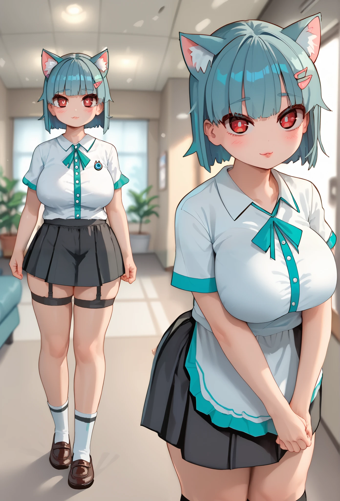 male adult, curvy body ,big hips ,Big breasts ,big breast ,short hair , blue hair ,straight hair tied with a hair clip with a fringe ,ojos con pupila roja ,red eyes ,long lashes ripped eyes ,Cat woman ,cat girl ,light blue cat ears ,3/4 ,view at chest height ,viewer's eye view ,room ,Blurred room ,short sleeve white shirt , short black skirt ,socks ,garter ,Small mouth pink lips ,white skin teas ,sharp face ,relaxed eyes ,piel blanca , blushed ,tight clothing