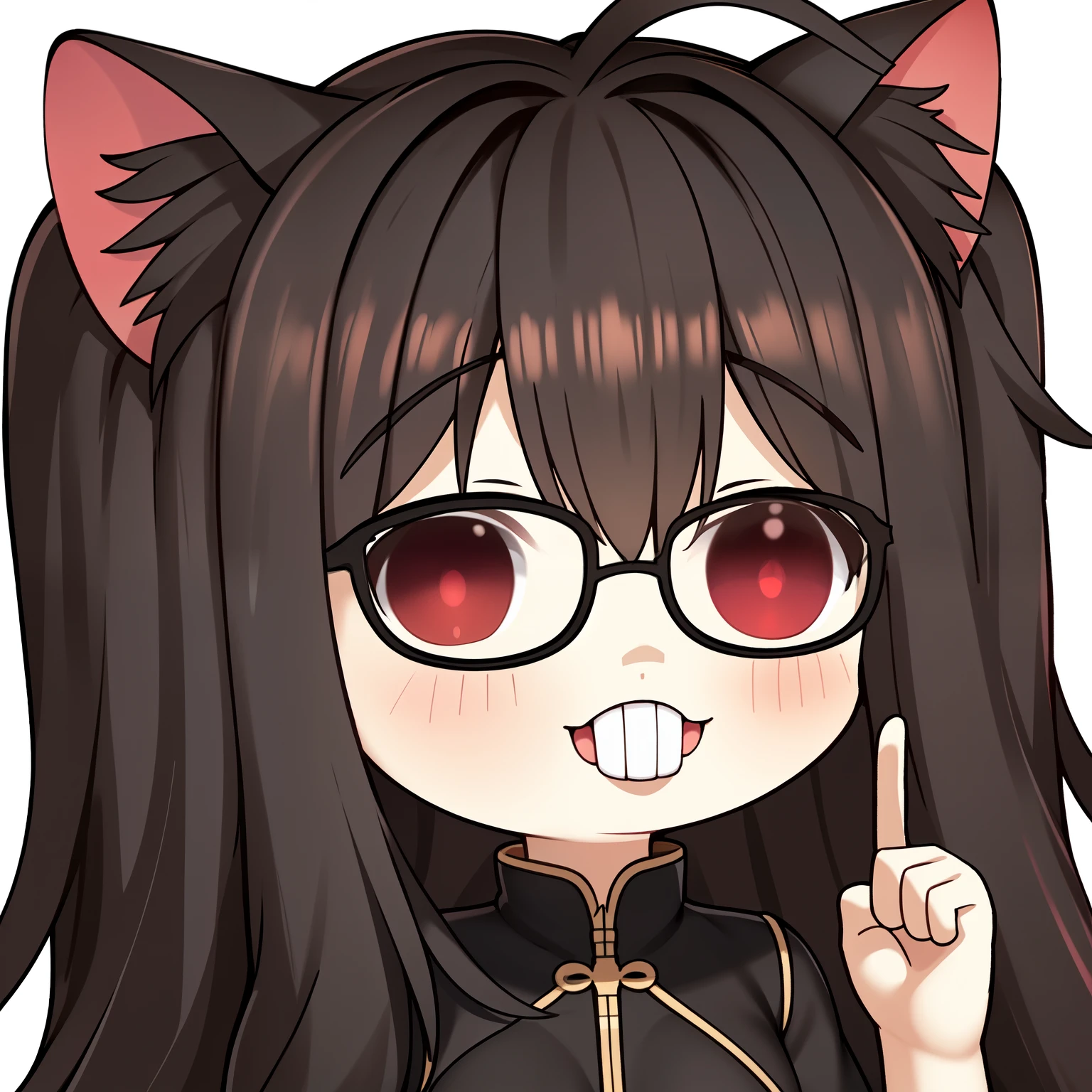 1girl cat ears, red eyes, long hair, black hair, (Ahoge), straight bangs,, chibi,glasses,index finger raised,upper teeth,white background,   