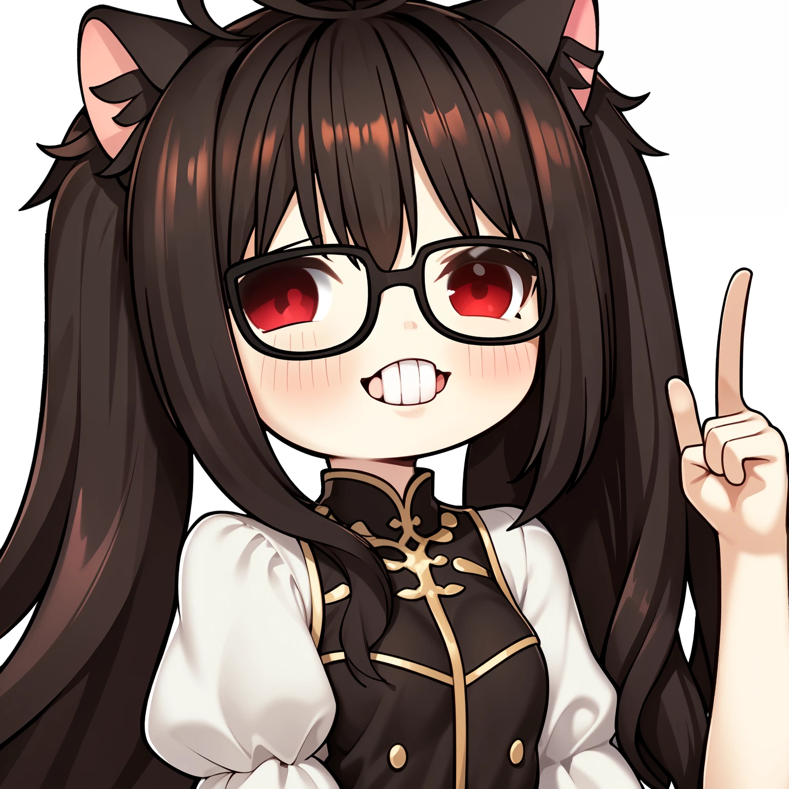 1girl cat ears, red eyes, long hair, black hair, (Ahoge), straight bangs,, chibi,glasses,index finger raised,upper teeth,white background,