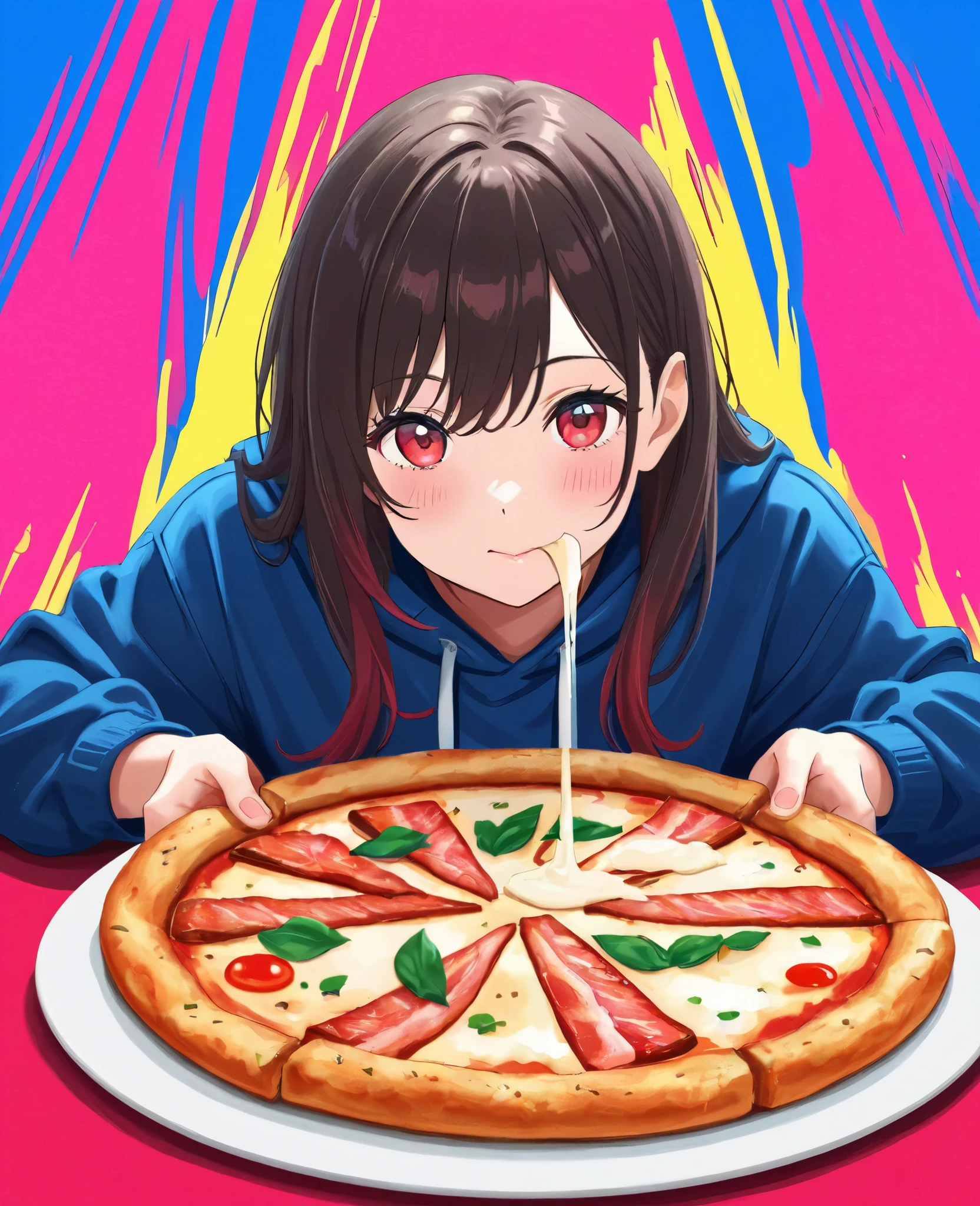 Painting of a,watercolors,draw, Bacon pizza slice with melted cheese, vivid color background,masterpiece, best quality, high resolution, cinematic lighting, 8k cg wallpaper, 