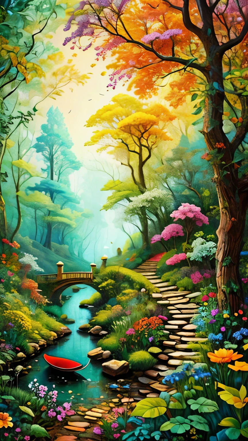Flowers and leaves、wood、gem, Rococo,rest, A Modern and Mysterious Encounter, bright color, intricate details. very well detailed, intricate motifs, organic mesh pattern, perfect composition, Digital Painting , Art Station, concept art, smooth,, shape, T masterpieces in hand, top quality, Award winning , high resolution, Landscape,Contemporary art made from plants and ancient rest,beautiful、and fantastic