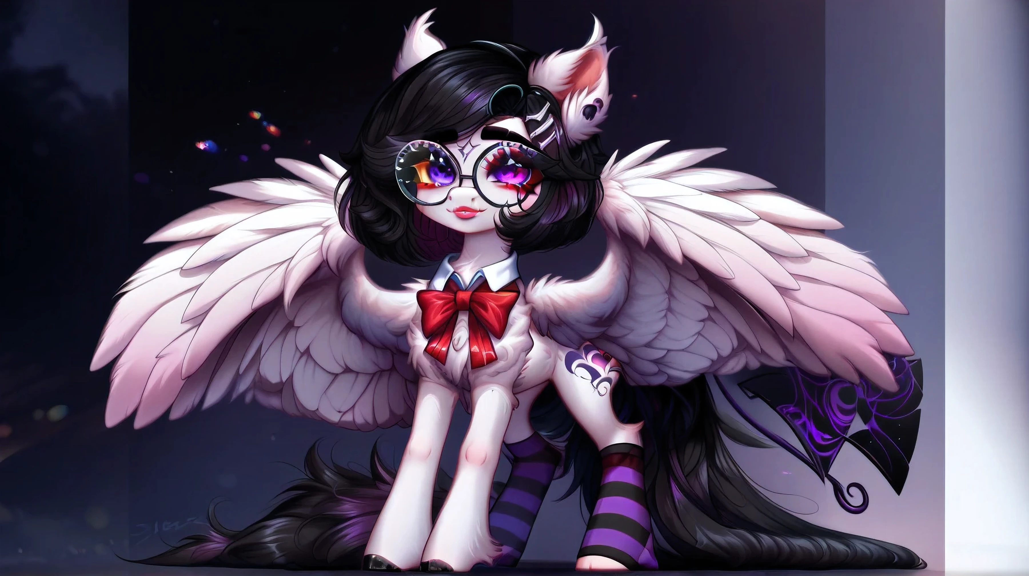 pony ,1 girl , full length, solo, white coat color, white body color , white face color, girl, , short stature, , short limbs ,extra large black round glasses, fluffy ,
clean glasses without reflections, heterochromia
,purple eyes, short hair, black hair sheds purple, horn, fluffy pegasus wings, chest, waist, striped stockings , black skirt with stripes, Japanese clothes, white shirt, black blazer, red neck bow,soft big lashes, glitter face ,succubus tattoo, black manicure , small lips ,environment home, Cute, soft character, sweet soft face, easy smile, sits on the splits, you can see the full character, soft style less details,