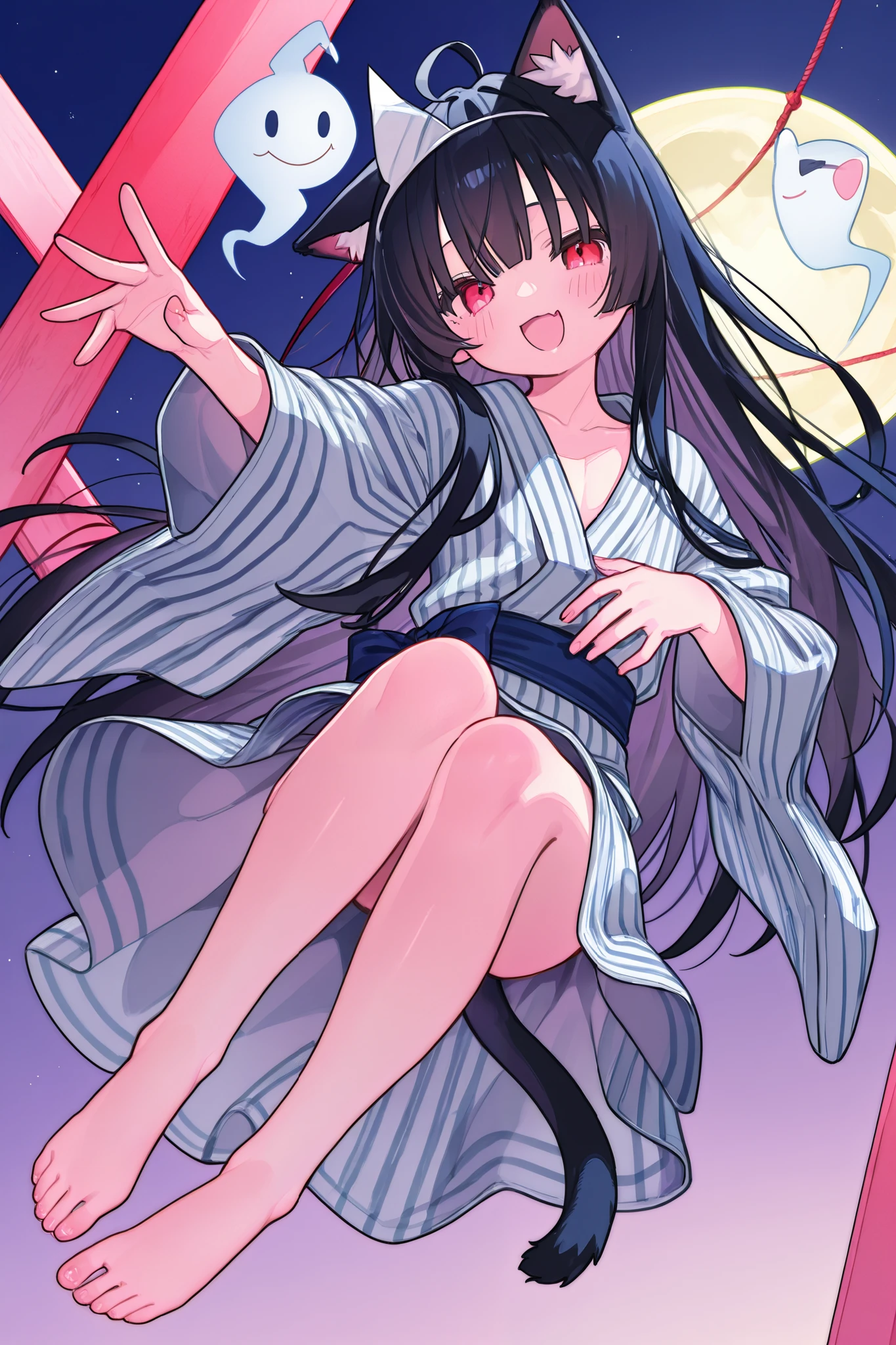 輝いた full moonの夜空、 full moon、High detail and high drawing volume、eyes drawn in super detail、high image quality during sick leave、high quality、anime、illustration for both eyes、digital art、ghost、 Triangle Headpiece、long hair、rose twin tail、blue gradation at the tips of the hair、reddish black hair、Cat ears、Young face、Petite、No nose、eyes shining red and pink、 mischievous eyes 、 white yukata、bare feet、smile and open your mouth wide and vertical、full body、Body floats、stand、and souls float around、