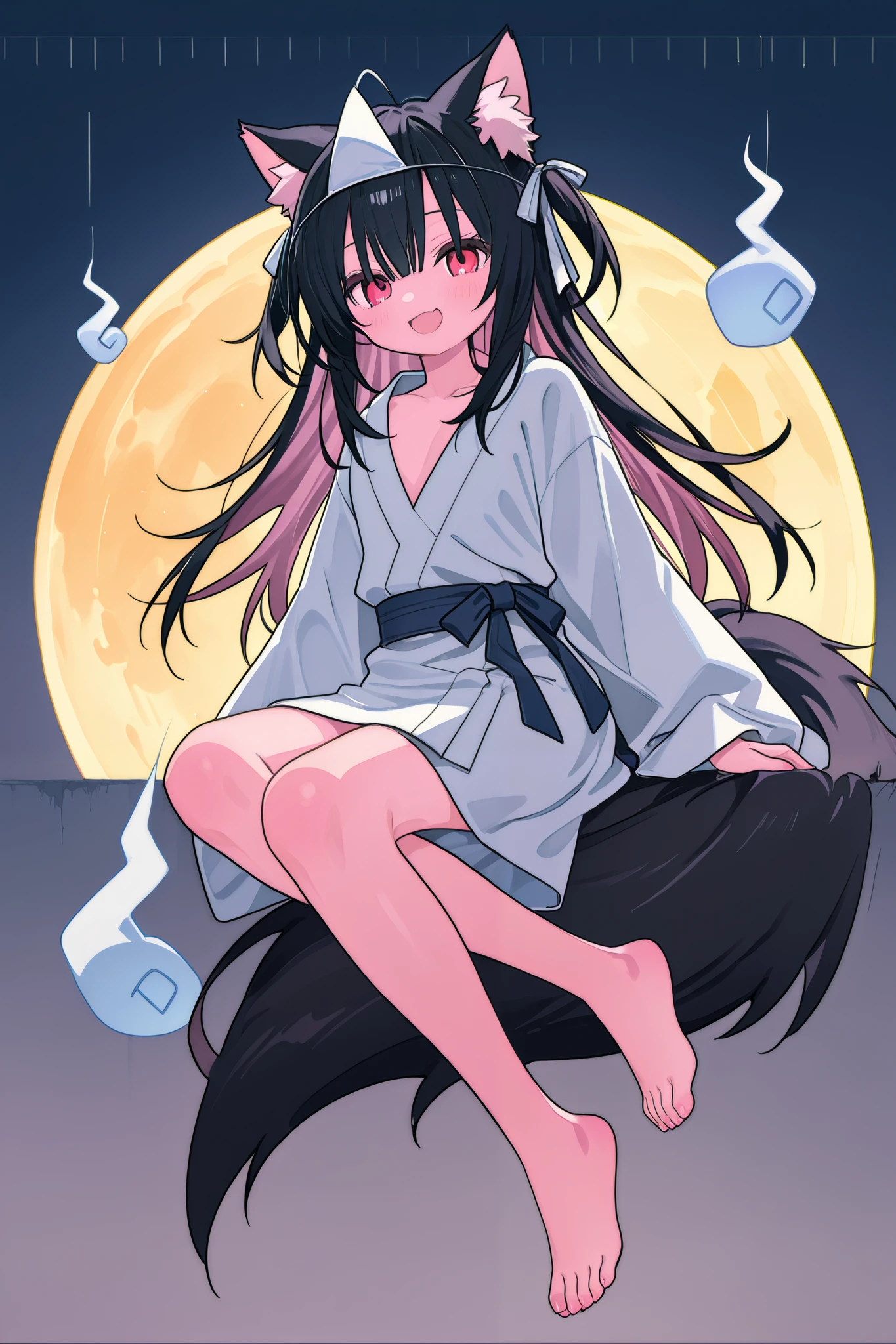 輝いた full moonの夜空、 full moon、High detail and high drawing volume、eyes drawn in super detail、high image quality during sick leave、high quality、anime、illustration for both eyes、digital art、ghost、 Triangle Headpiece、long hair、rose twin tail、blue gradation at the tip of the hair、reddish black hair、Cat ears、Young face、Petite、No nose、eyes shining red and pink、 mischievous eyes 、 white yukata、bare feet、smile and open your mouth wide and vertical、full body、Body floats、stand、and souls float around、