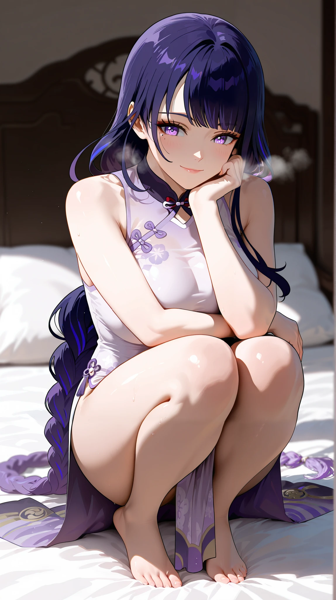 masterpiece, best quality, amazing quality, 1girl, Raiden Shogun, Genshin Impact, purple eyes, purple hair, long hair, white Chinese cheongsam, beautiful legs, white legs, smile, close up shot, simple background, medium size , golden ratio face, Sleeveless top, side-open skirt, looks happy, blushes, breathes heavily, has a breathing effect, leaning forward, anime face, anime realistic face, full body in bedroom set on bed.