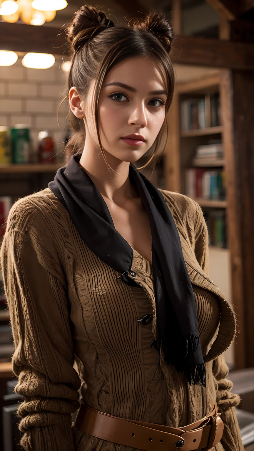 8K, top quality, table top:1.2), (realistic, Photoreal:1.37), top quality, table top, beautiful young woman, pensive expression,、attractive、and an inviting look, Oversized knitwear、cleavage, tie hair back, movie background, pale skin,German