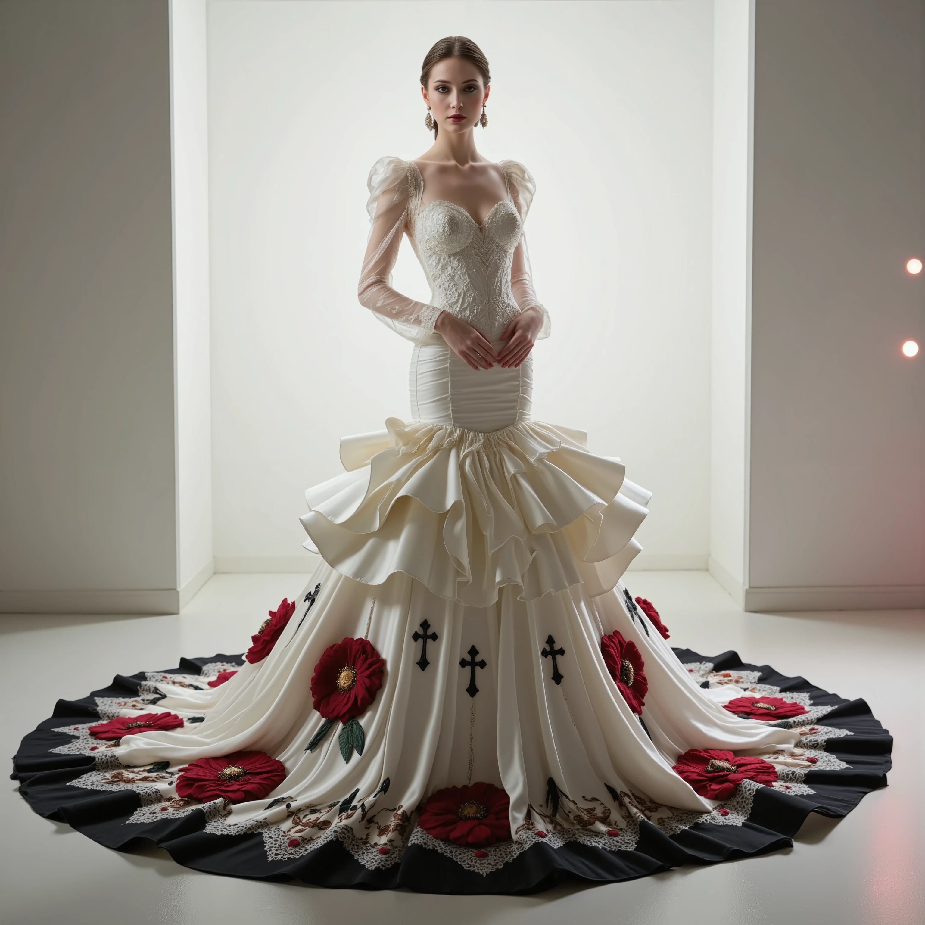 A very tall white silk mermaid style full-length gown with a fitted bodice and a super oversized extra long flared skirt that has giant raised up ruffles at the bottom. This ridiculously tall and oversized gown requires super high platform shoes that will make the wearer 18 to 24 inches taller than usual. This is the kind of gown only a supermodel, the crazy wealthy, or a crazy celebrity would ever attempt to wear. Very experimental fashion, this gown has sheer  sleeves adorned with red and black floral appliqués, sweetheart-shaped neckline lace, and white sequence that adorns the top. Lightweight foam rubber and metal wires are the only things underneath the very oversized, very long, white silk and satin skirt, that can lift it and hold it up, so that the wearer can walk and move at all in this unconventional, yet elegant ensemble.The bottom of the extra long skirt opens so that the fabric creates a large circular shape on the floor that is several feet in circumference larger than usual with a gown of this style. The extra long skirt has puffed up outter material that hangs down in several layered bunches from mid thigh down to the floor in three or four rows or stacked up columns. The dress is made of pure white satin and silk with some red and black flowers and embroidery patterns of crosses, hearts, and other designs created with black thread. The green and pink spotlights cast color on the dress and on the white background. Very dramatic pose. Skirt end drags on the floor. Direct eye contact between the model and the viewer. Asthetically incredible, icon style. Ultra-realistic,photorealistic,cinematic photography,ultra-detailed.Extra Sparkle,cinematic lighting,cinematic portrait,portrait photography,cinematography,full focus,UHDR,startling, Realism,photorealistic,8K,physically-based rendering, experimental,avant-garde,unique,innovative,striking,captivating,model facing the camera,macro photography, Parted Lips,Makeup,Kubrick Stare,Best Quality,Masterpiece.