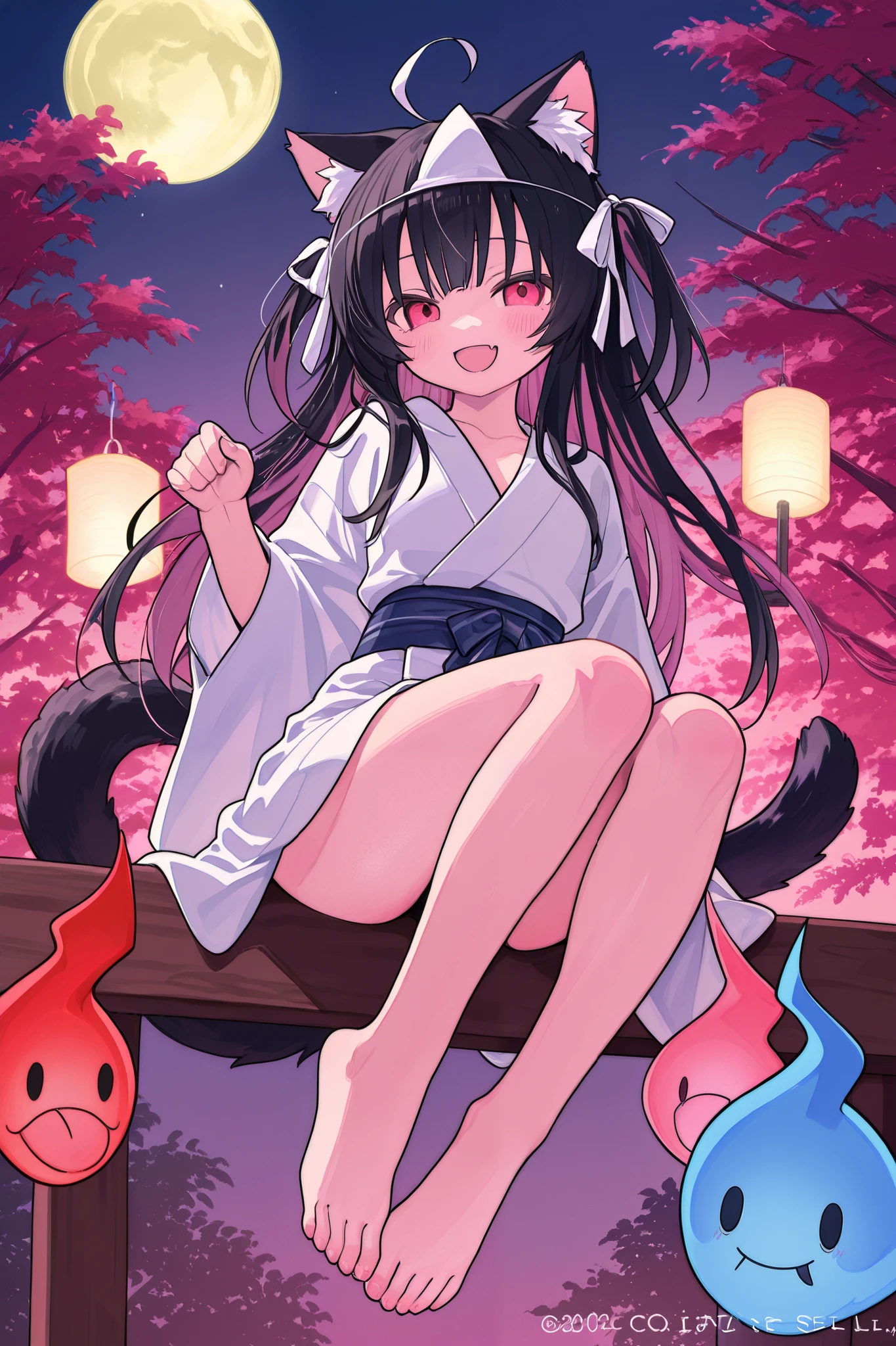 輝いた full moonの夜空、 full moon、High detail and high drawing volume、eyes drawn in super detail、high image quality during sick leave、high quality、anime、illustration for both eyes、digital art、ghost、 Triangle Headpiece、long hair、rose twin tail、blue gradation at the tips of the hair、reddish black hair、Cat ears、Young face、Petite、No nose、eyes shining red and pink、 mischievous eyes 、 white yukata、bare feet、smile and open your mouth wide and vertical、full body、Body floats、stand、and souls float around、