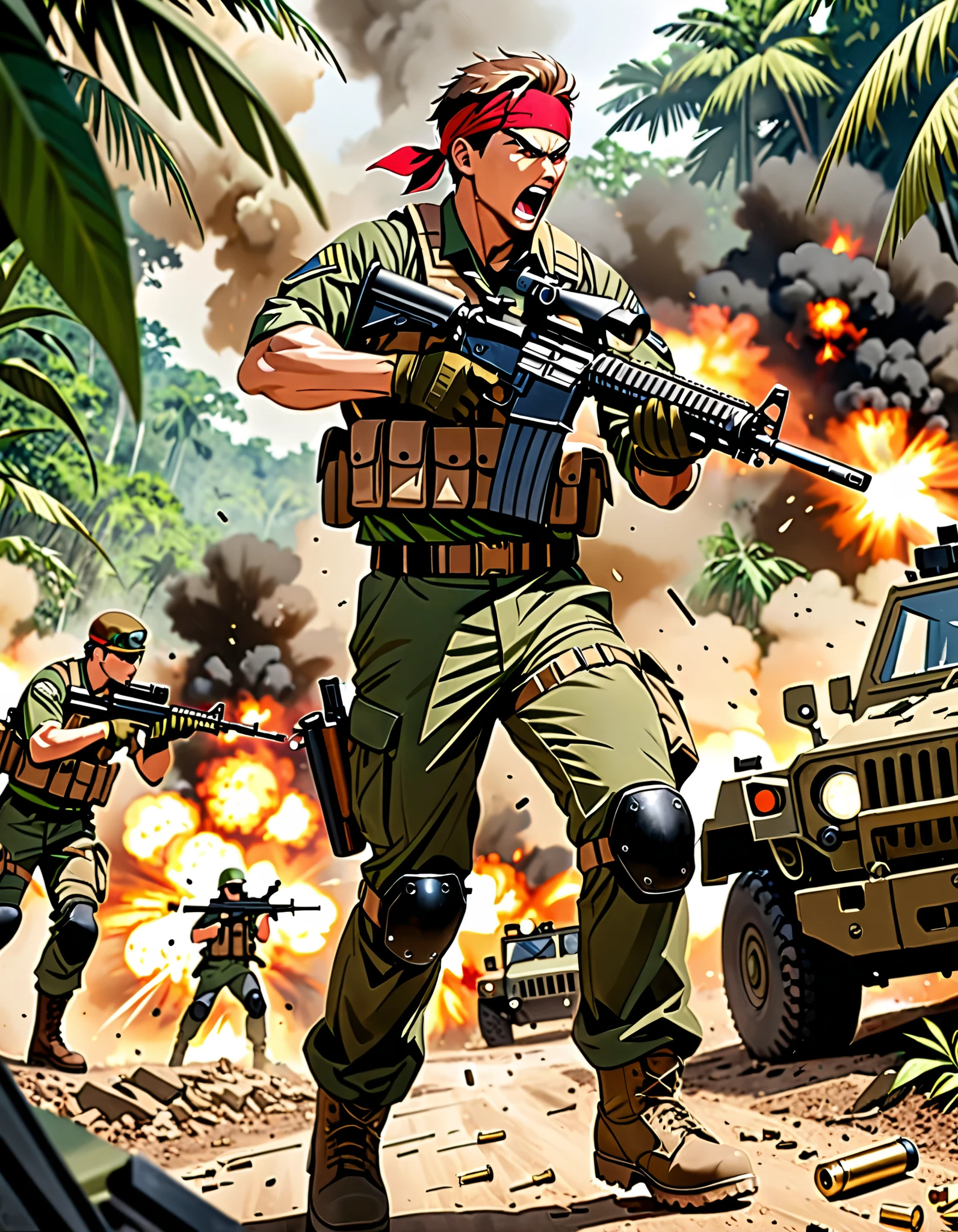 (masterpiece), (best quality), highres, 1man, male focus, solo, solo focus. black hair, short hair, hazel eyes, (healed scar on left cheek), sleeves rolled up. us soldier, jungle green uniform, gloves, gun, handgun, holding gun, holding weapon, holster, holstered weapon, load bearing vest, pistol, thigh holster, (gunmetal black rifle, assault rifle, scope). trigger discipline, weapon. jungle backdrop, daytime, (huey helicopter), gritty atmosphere.