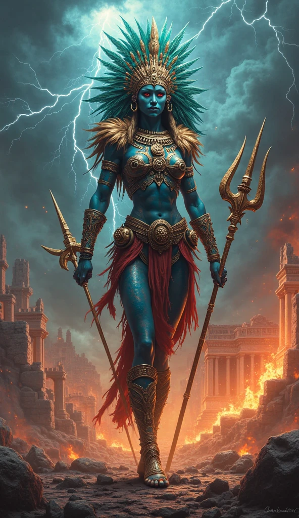 female storm spirit whose body is made of clouds, perfect face, clear eyes, voluminous hair, smoke dress, 0k3dr3ss, martius_storm, tornado, hurricane, volcano area, lightning, 22yo, vibrant colours, visibly heavy rain, native american, badlands