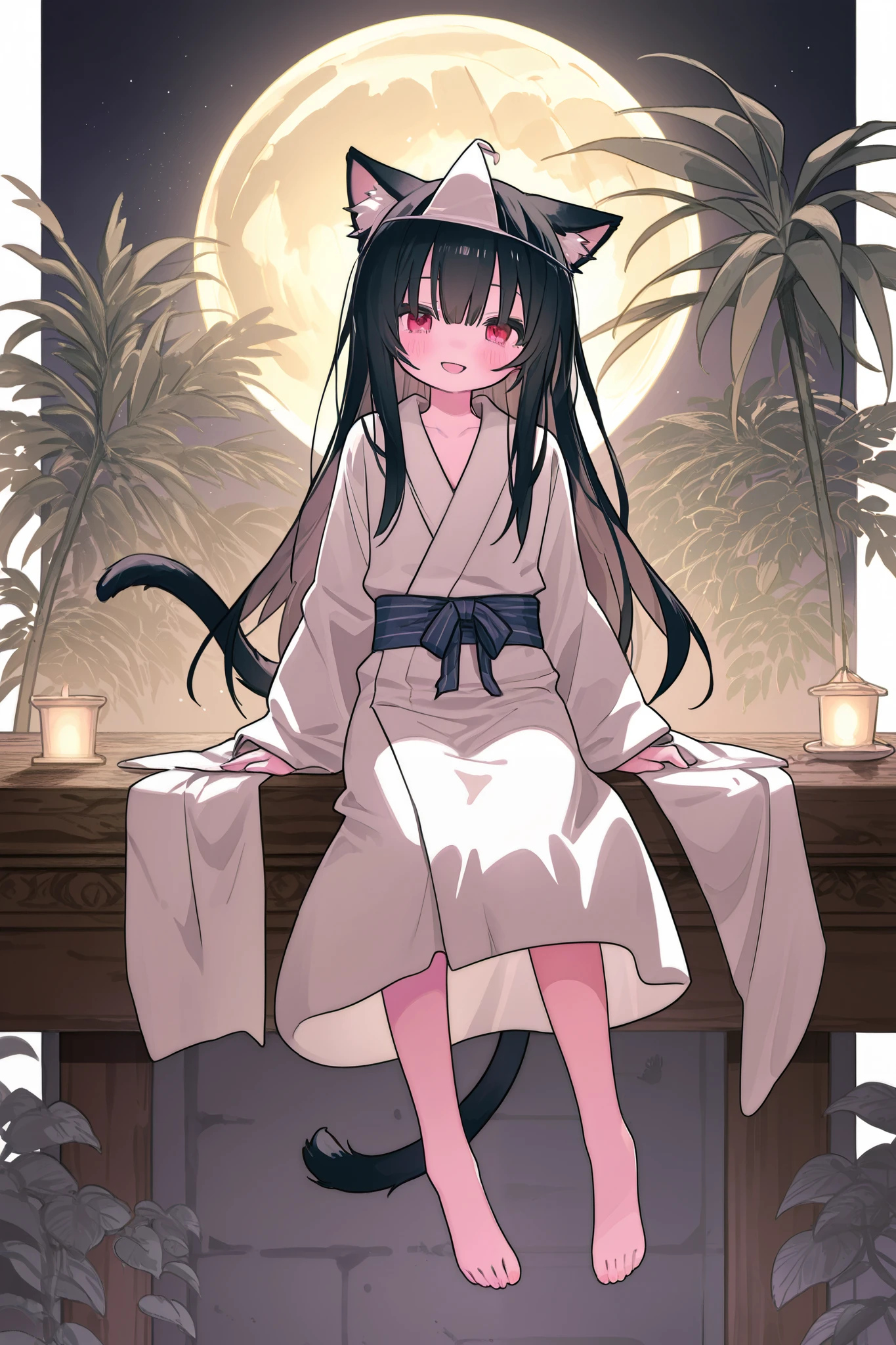 輝いた full moonの夜空、 full moon、High detail and high drawing volume、eyes drawn in super detail、high image quality during sick leave、high quality、anime、illustration for both eyes、digital art、ghost、 Triangle Headpiece、long hair、rose twin tail、blue gradation at the tips of the hair、reddish black hair、Cat ears、Young face、Petite、No nose、eyes shining red and pink、 mischievous eyes 、 white yukata、bare feet、smile and open your mouth wide and vertical、full body、Body floats、stand、and souls float around、
