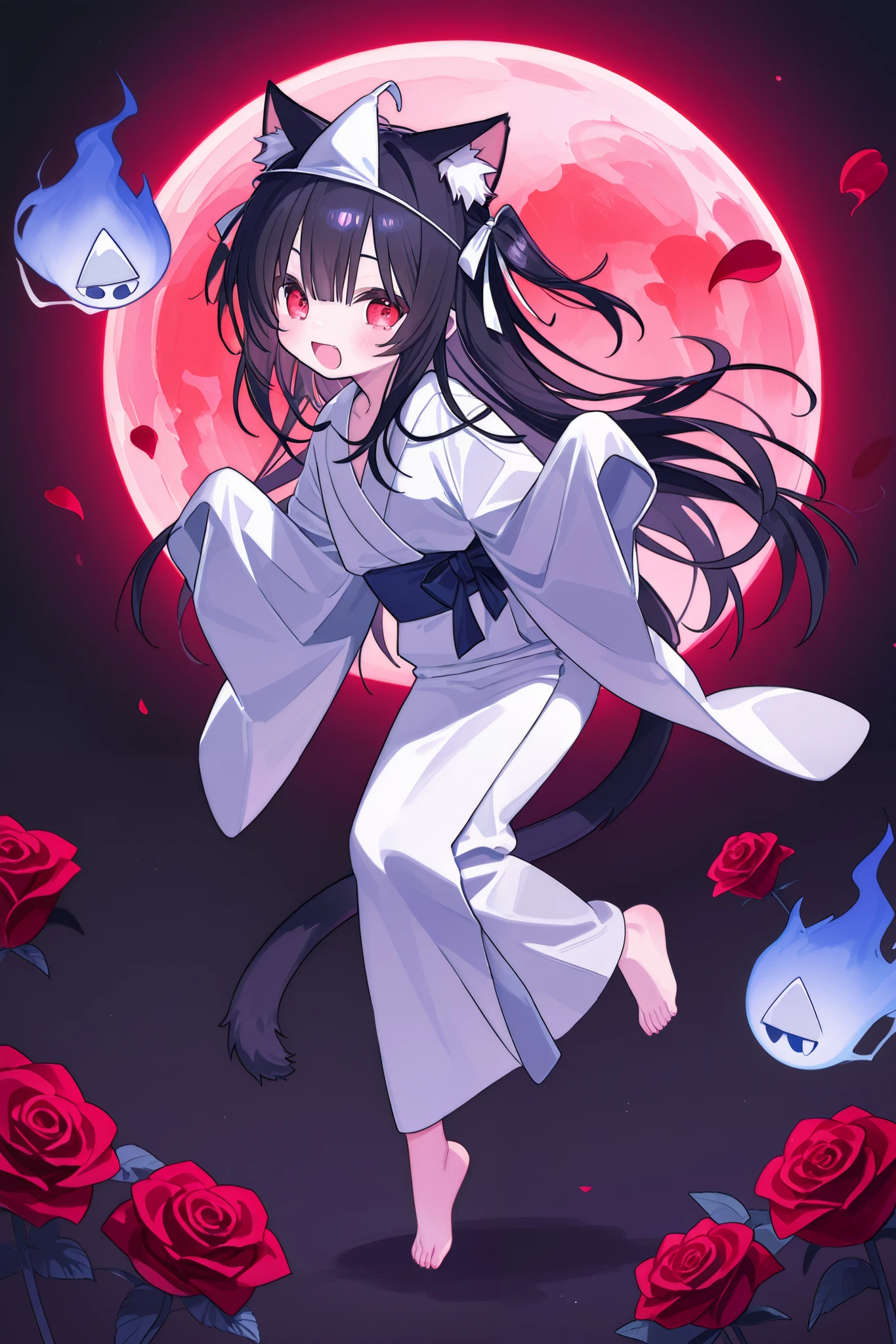輝いた full moonの夜空、 full moon、High detail and high drawing volume、eyes drawn in super detail、high image quality during sick leave、high quality、anime、illustration for both eyes、digital art、ghost、 Triangle Headpiece、long hair、rose twin tail、blue gradation at the tips of the hair、reddish black hair、Cat ears、Young face、Petite、No nose、eyes shining red and pink、 mischievous eyes 、 white yukata、bare feet、smile and open your mouth wide and vertical、full body、Body floats、stand、and souls float around、