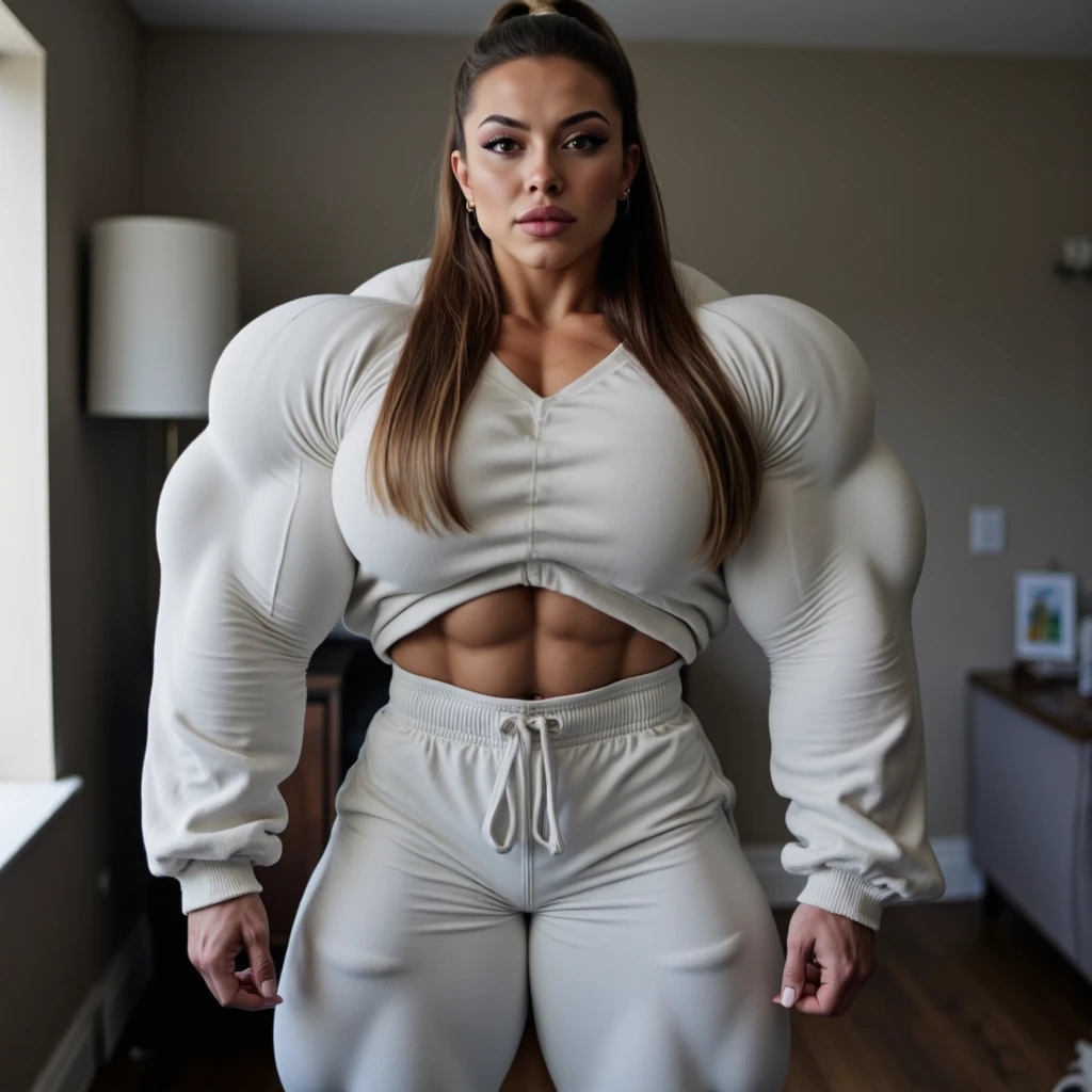 Joan Marie Laurer , Generate a full length fashion portrait of a heavily muscled iff pro female bodybuilder , thick dense muscles,  wofe thick 
muscular shoulders,   her makeup, hair, she is dressed in a tight fluffy woolen sweater, tight miniskirt, white knee high socks, lighting, environment