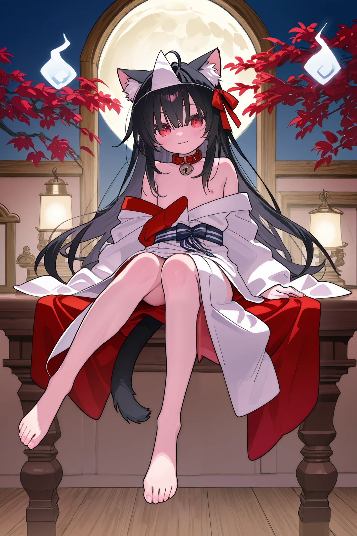 輝いた full moonの夜空、 full moon、High detail and high drawing volume、eyes drawn in super detail、high image quality during sick leave、high quality、anime、illustration for both eyes、digital art、ghost、 Triangle Headpiece、long hair、rose twin tail、blue gradation at the tips of the hair、reddish black hair、Cat ears、Young face、Petite、No nose、eyes shining red and pink、 mischievous eyes 、 white yukata、bare feet、smile and open your mouth wide and vertical、full body、Body floats、stand、and souls float around、
