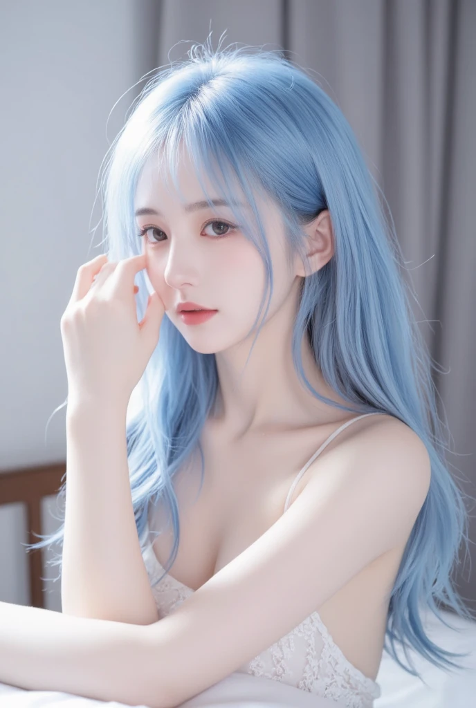 Beautiful sexy seductive slutty woman with perfect figure:1.4,Layered straight Hair Style,sexy for,accentuated super huge enormously gigantic breasts with deep cleavage and potruding nipple:1.5,lingerie pyjamas,Highly Detailed Face and Skin Textur,double eyelid,Whitening Skin,Long blue hair